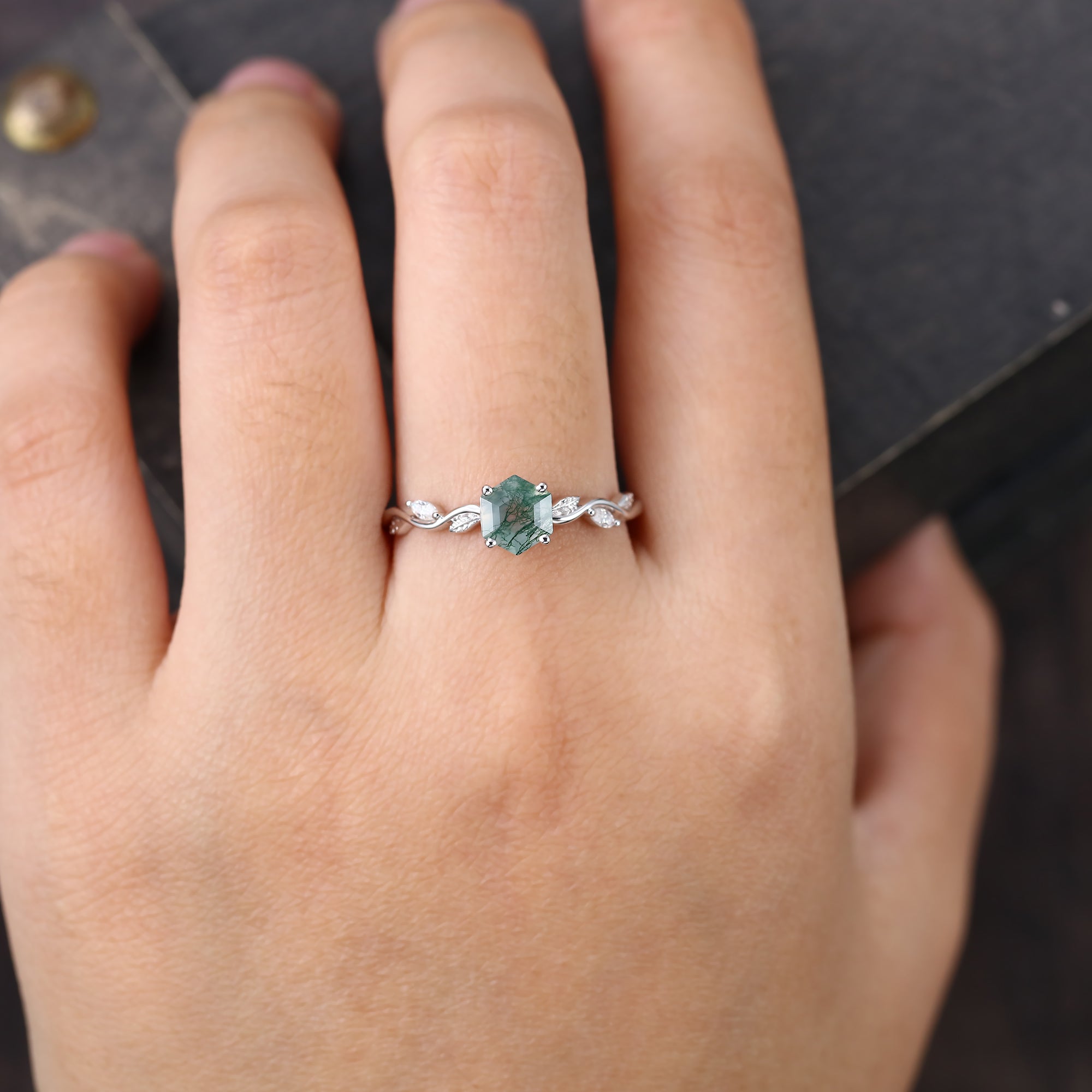 Hexagon Cut Moss Agate Nature Inspired Promise Ring