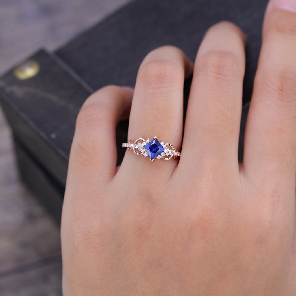 Infinity Princess Cut Sapphire Engagement Ring With Moissanite Accented