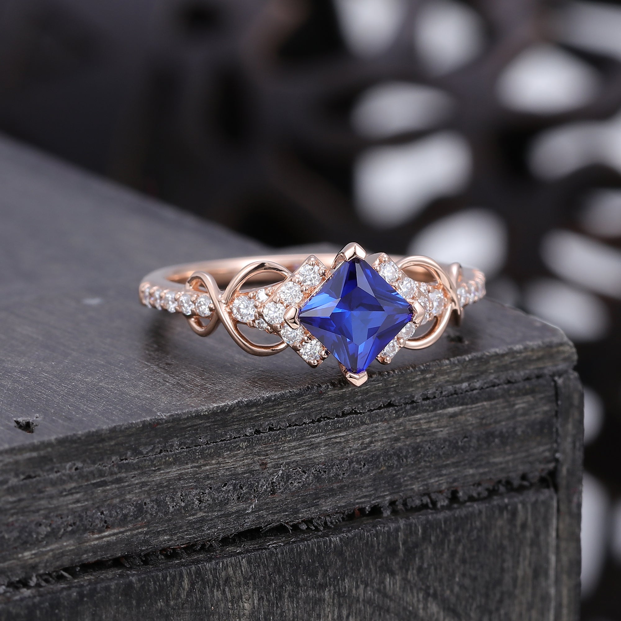 Infinity Princess Cut Sapphire Engagement Ring With Moissanite Accented