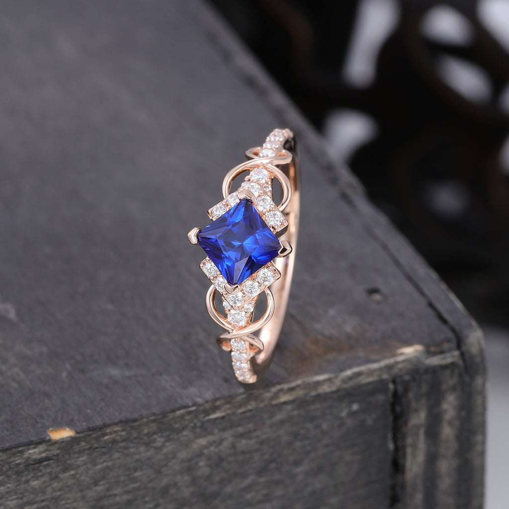 Infinity Princess Cut Sapphire Engagement Ring With Moissanite Accented
