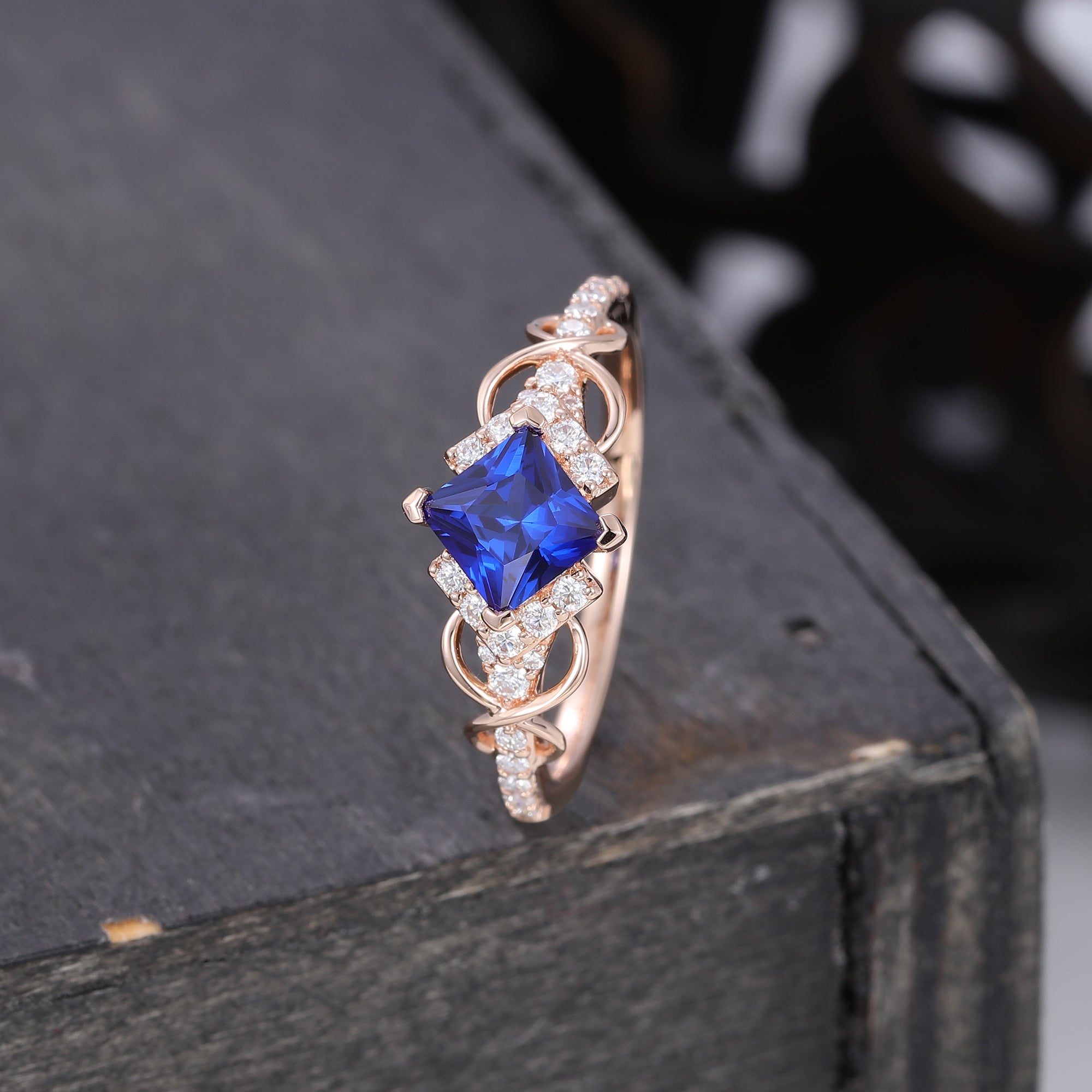 Infinity Princess Cut Sapphire Engagement Ring With Moissanite Accented