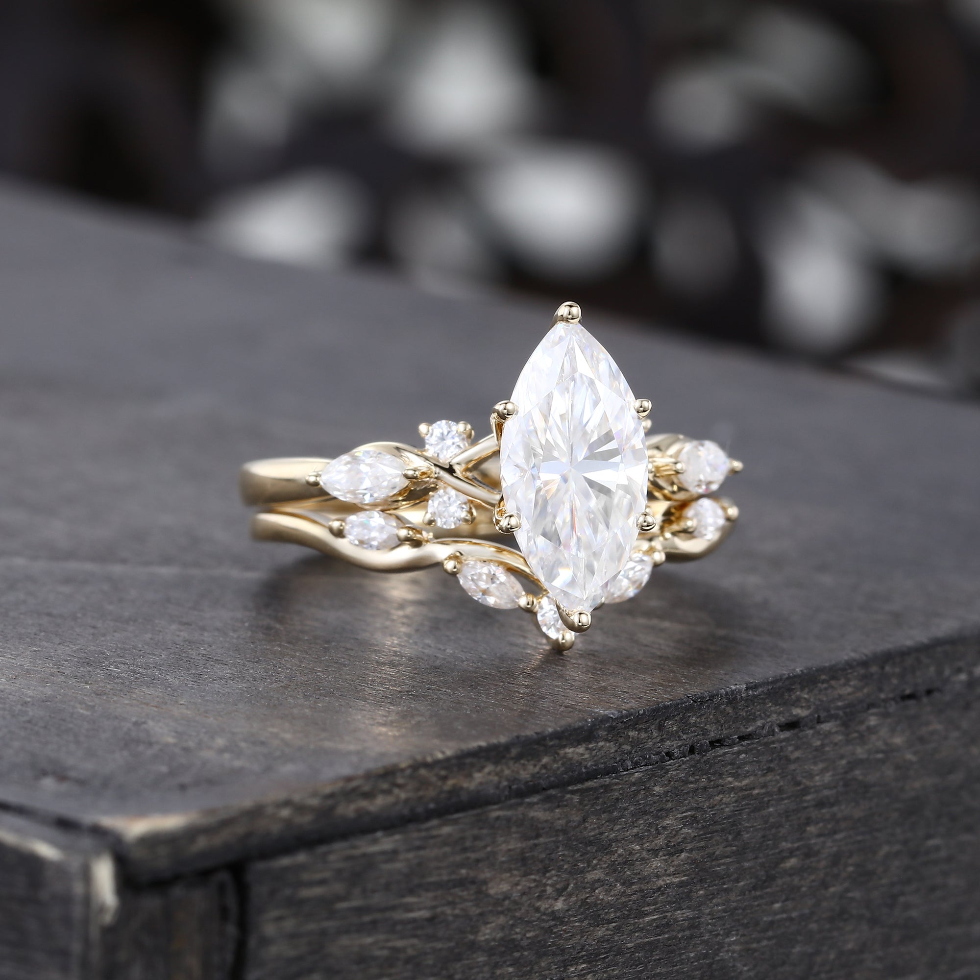 Marquise Cut Moissanite Art Deco Bridal Ring Set