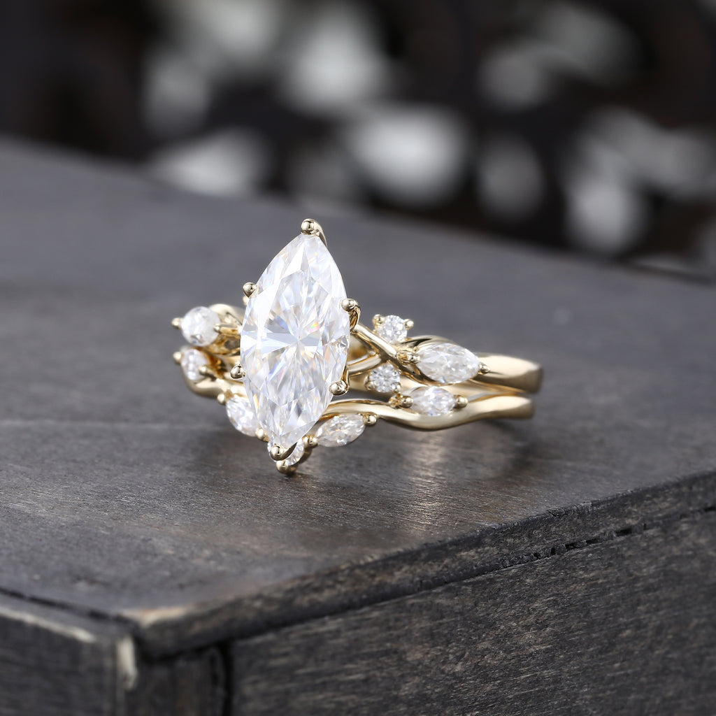 Marquise Cut Moissanite Art Deco Bridal Ring Set
