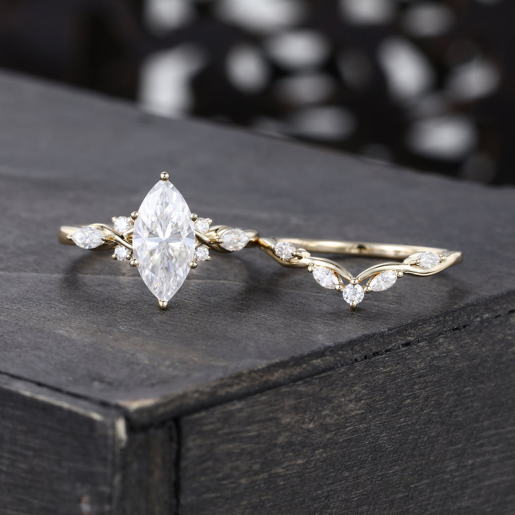 Marquise Cut Moissanite Art Deco Bridal Ring Set