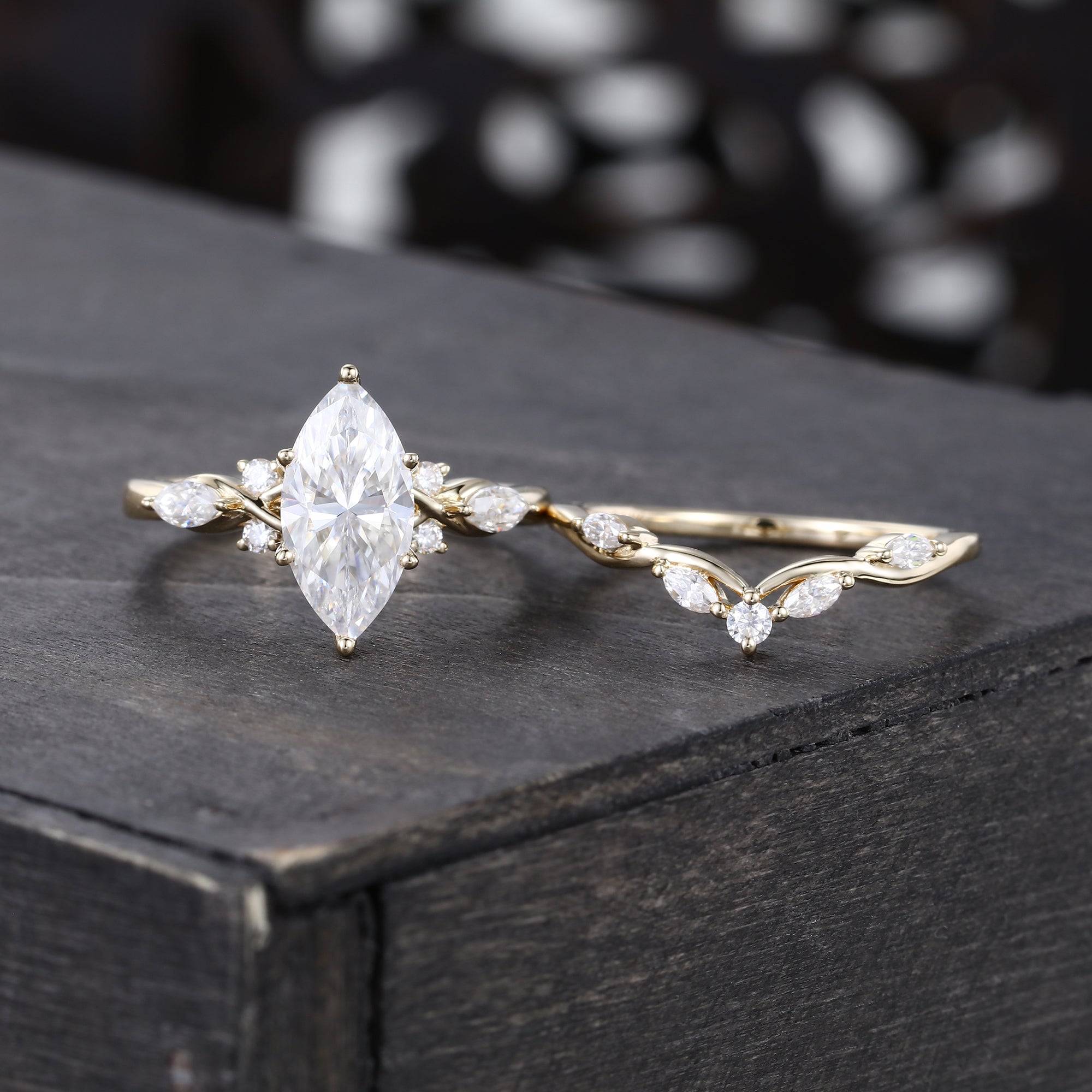 Marquise Cut Moissanite Art Deco Bridal Ring Set