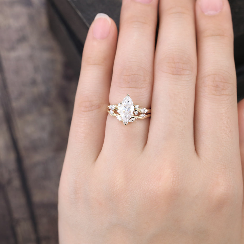 Marquise Cut Moissanite Art Deco Bridal Ring Set