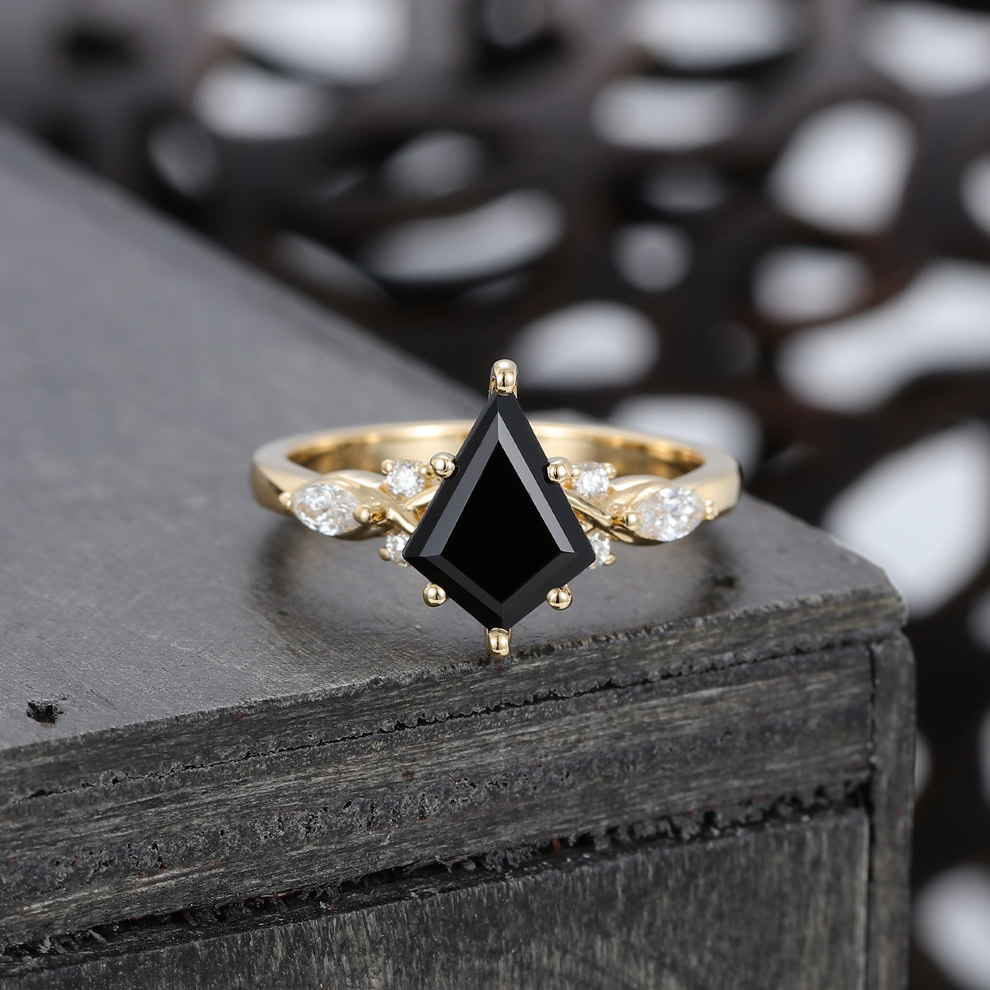 Kite Cut Black Onyx Art Deco Engagement Ring
