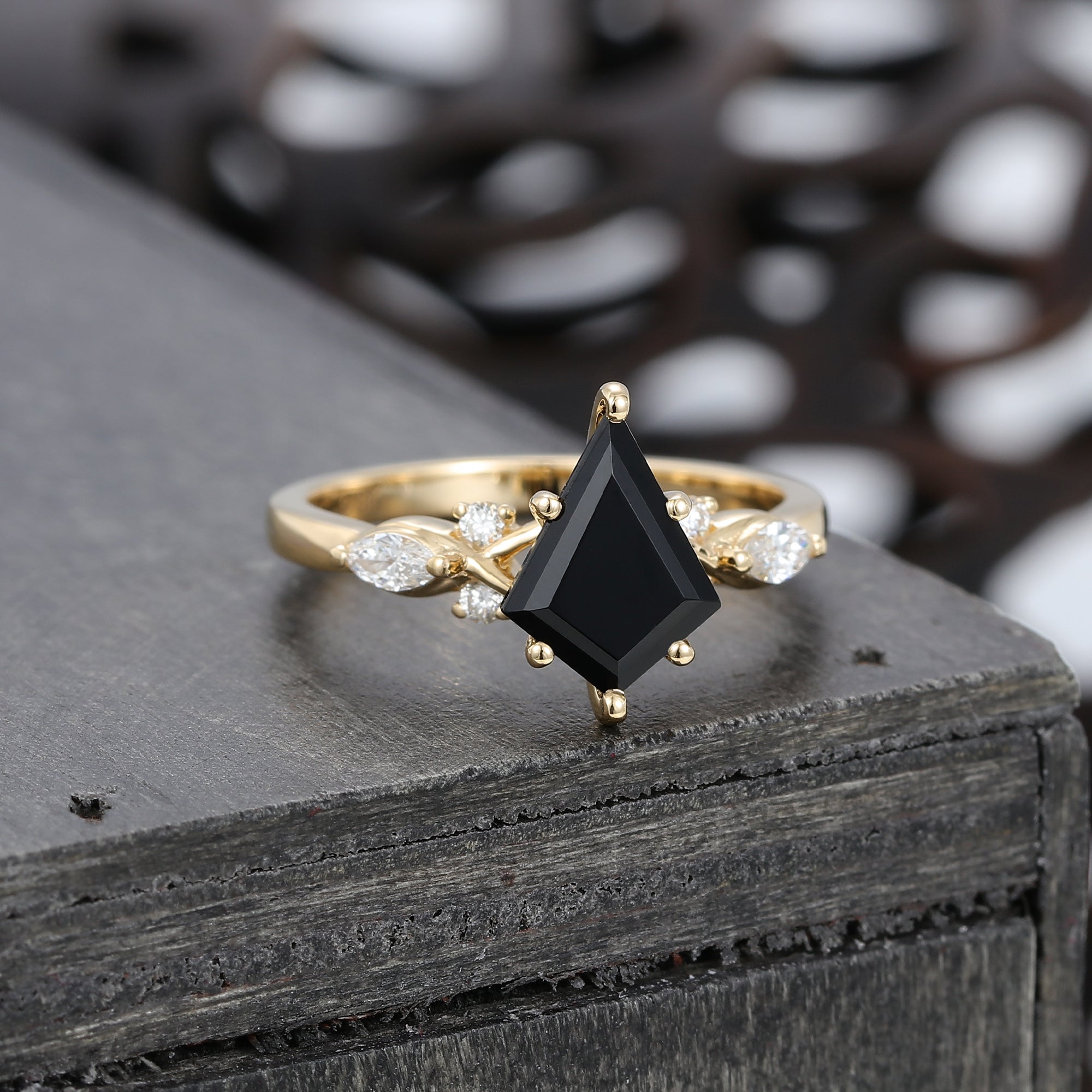 Kite Cut Black Onyx Art Deco Engagement Ring