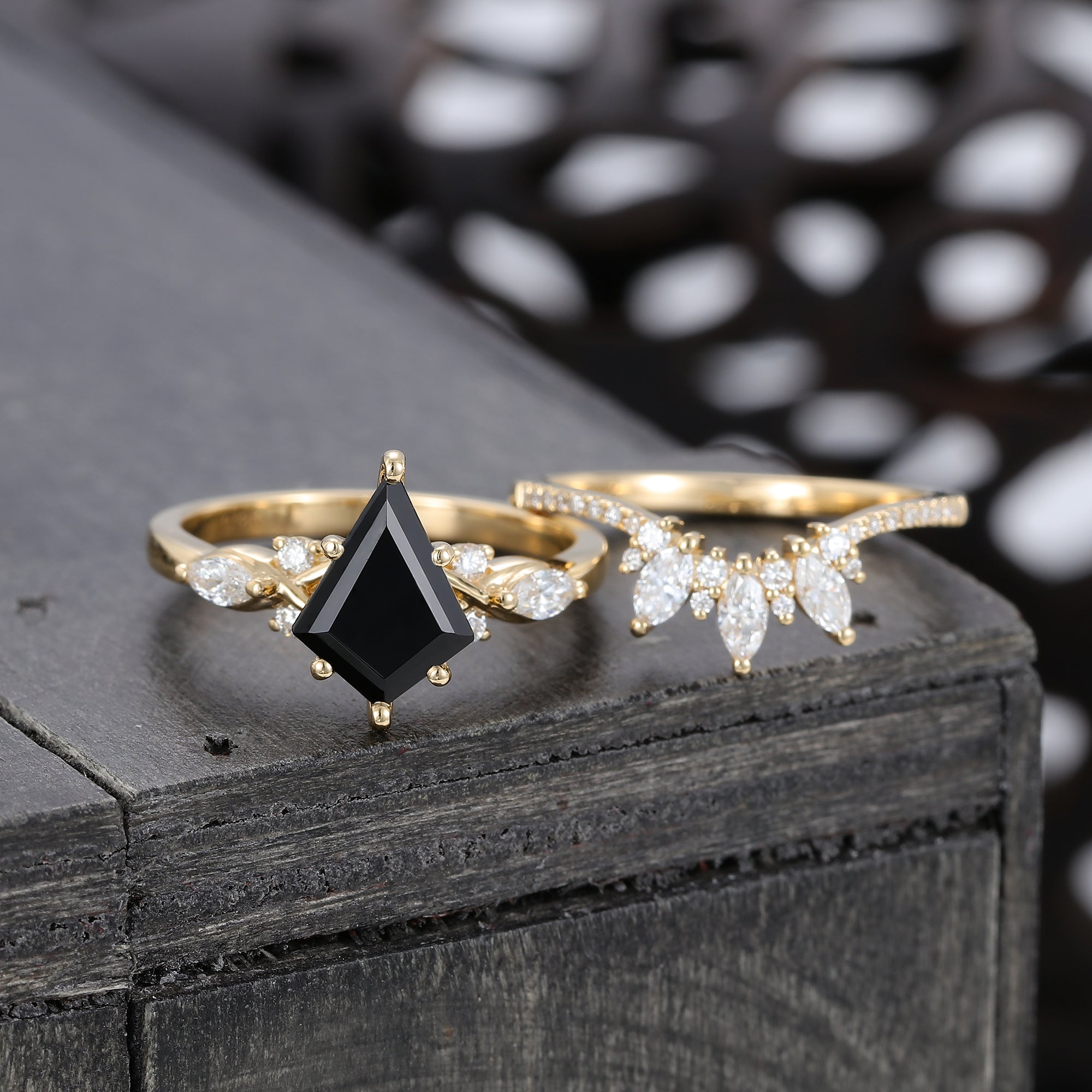 Kite Cut Black Onyx Wedding Ring Set with Moissanite Bridal Ring
