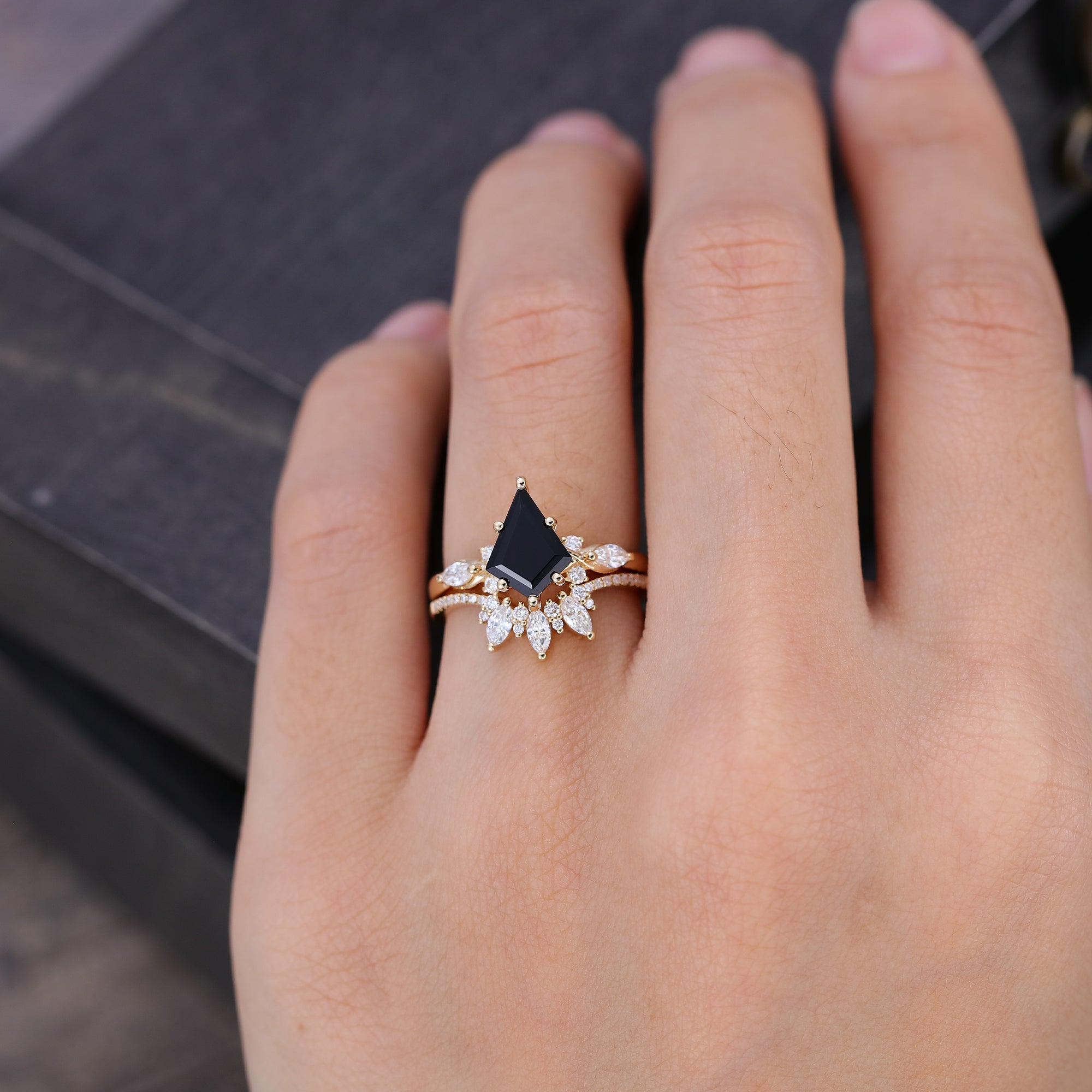 Kite Cut Black Onyx Wedding Ring Set with Moissanite Bridal Ring