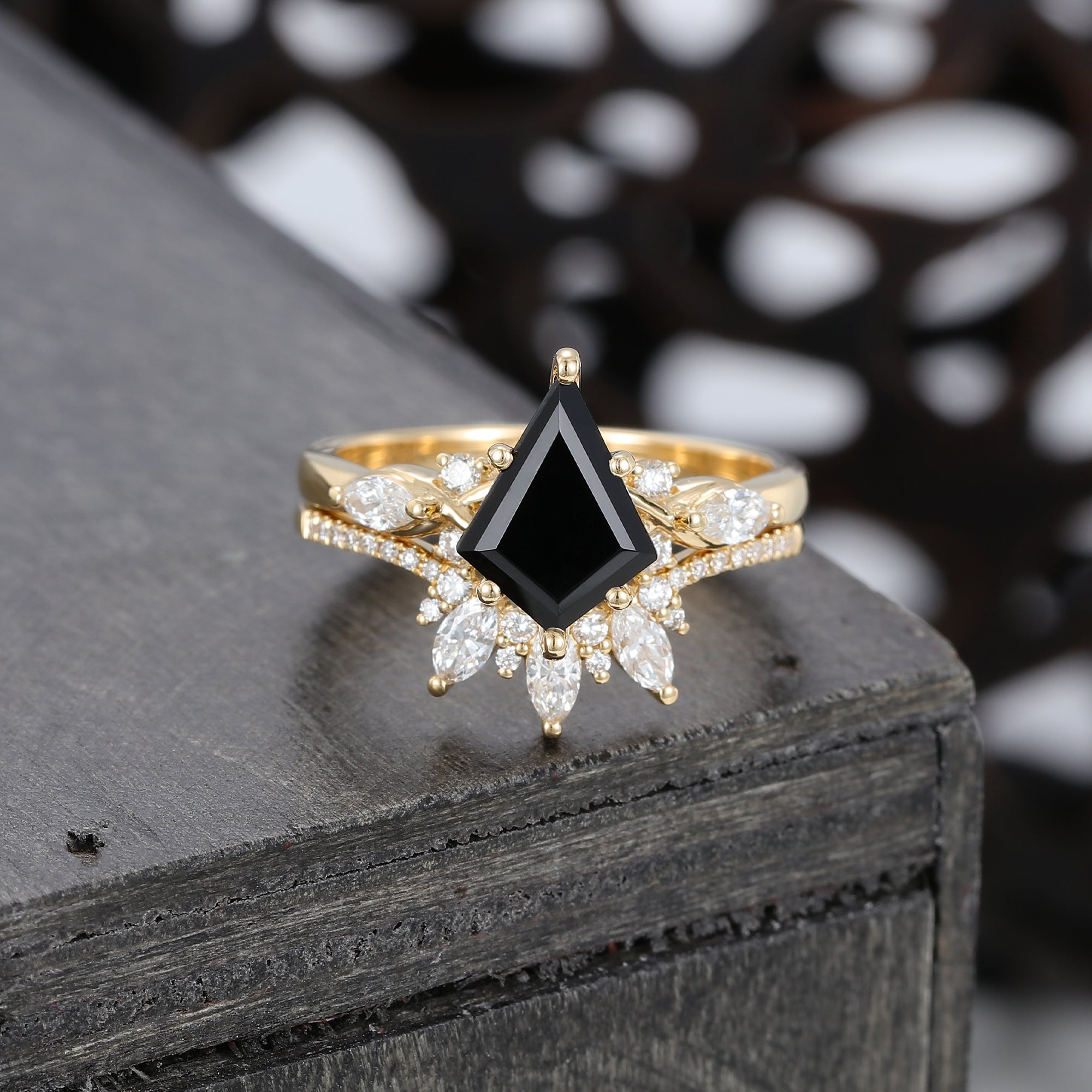 Kite Cut Black Onyx Wedding Ring Set with Moissanite Bridal Ring