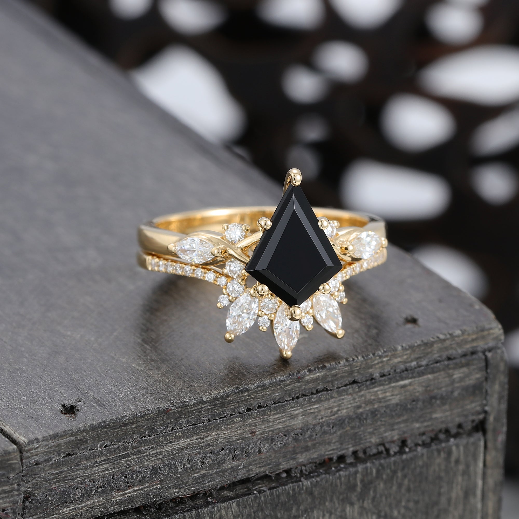 Kite Cut Black Onyx Wedding Ring Set with Moissanite Bridal Ring