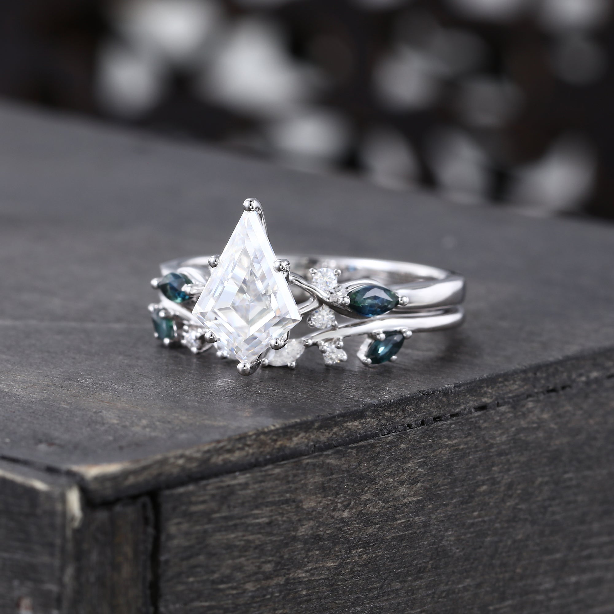 Kite Cut Moissanite Bridal Ring Set Teal Sapphire Accented Engagement Ring Set