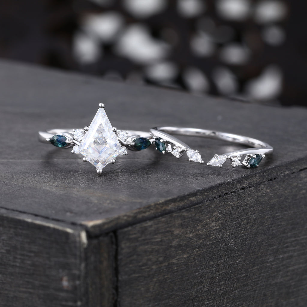 Kite Cut Moissanite Bridal Ring Set Teal Sapphire Accented Engagement Ring Set