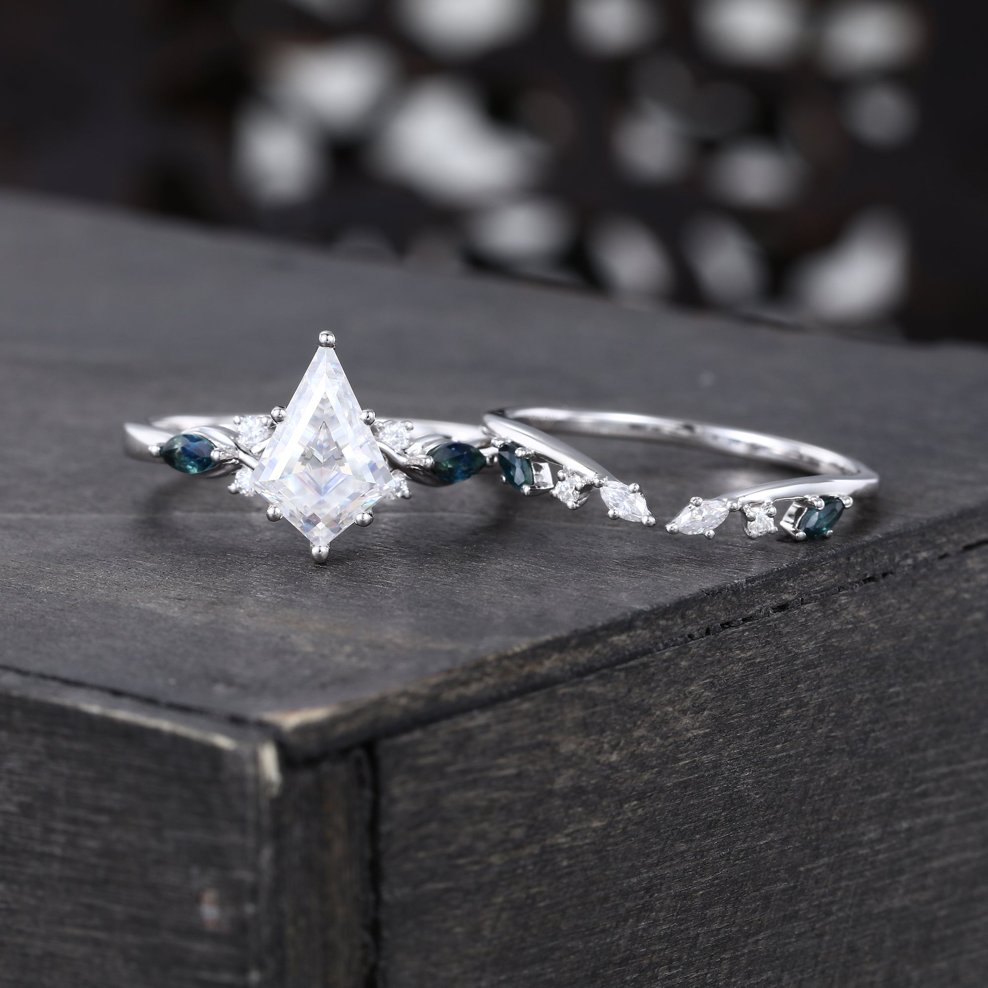 Kite Cut Moissanite Bridal Ring Set Teal Sapphire Accented Engagement Ring Set