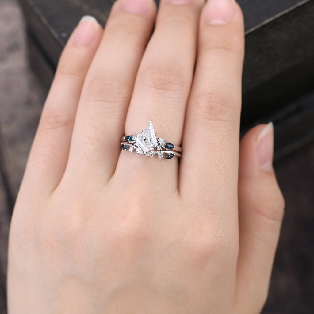 Kite Cut Moissanite Bridal Ring Set Teal Sapphire Accented Engagement Ring Set