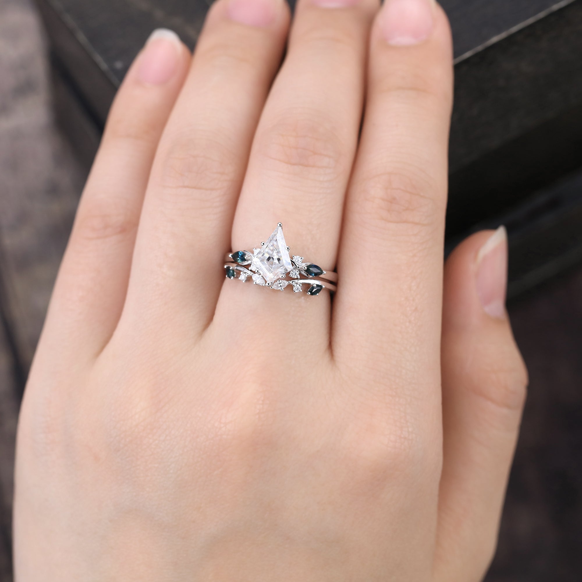 Kite Cut Moissanite Bridal Ring Set Teal Sapphire Accented Engagement Ring Set