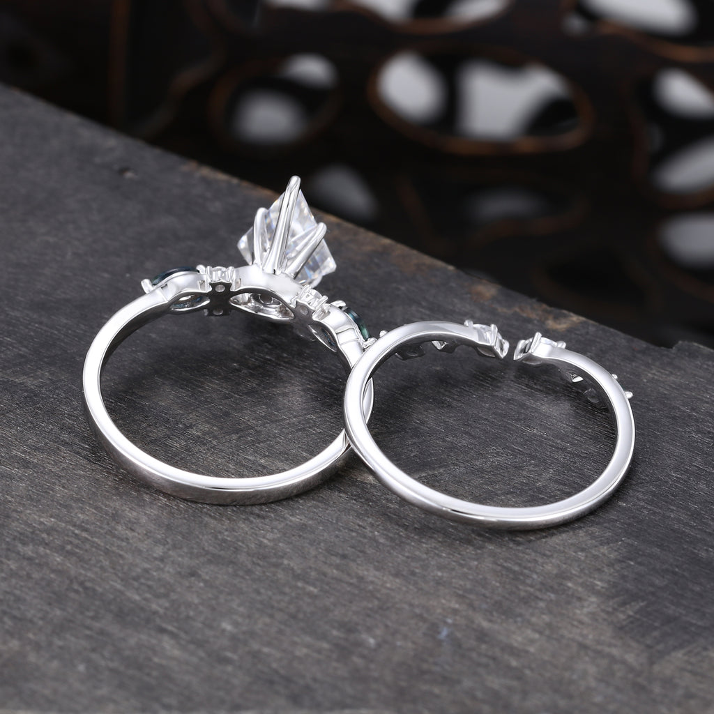 Kite Cut Moissanite Bridal Ring Set Teal Sapphire Accented Engagement Ring Set