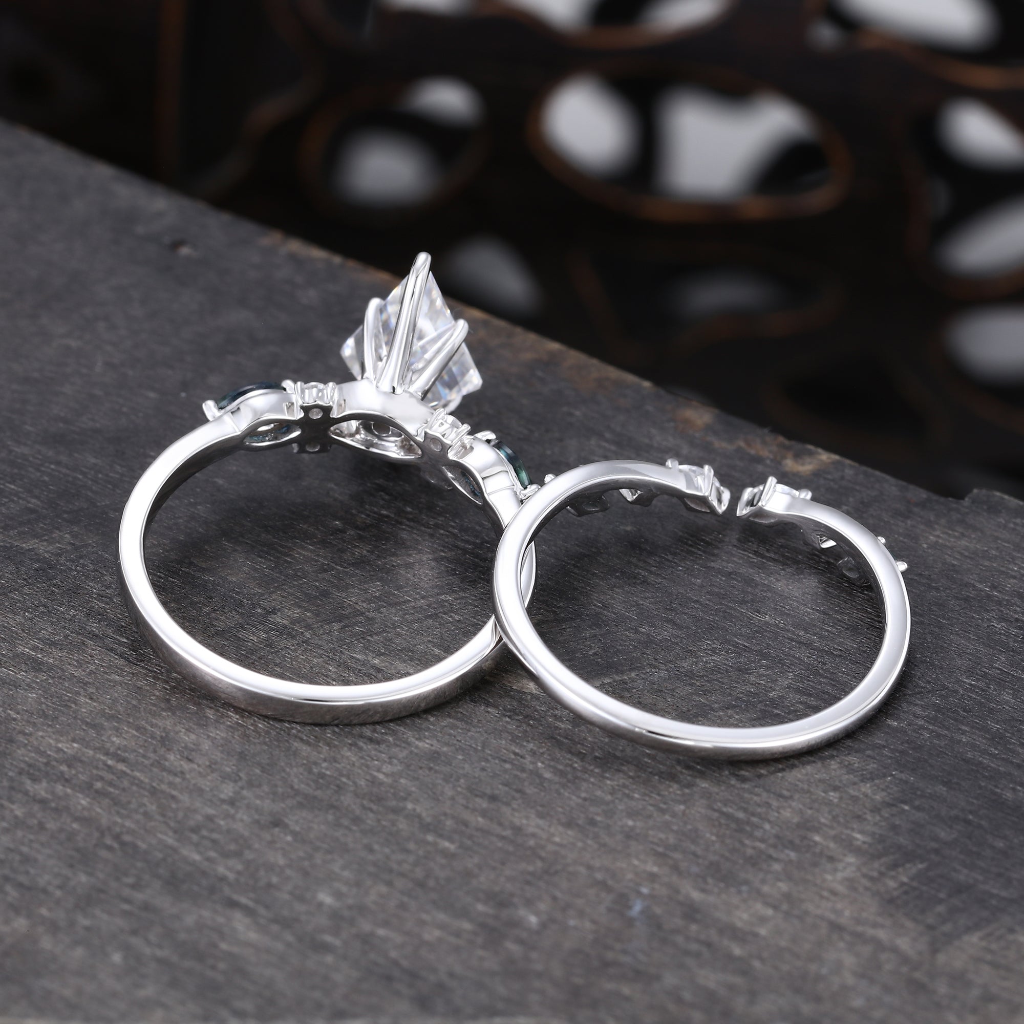 Kite Cut Moissanite Bridal Ring Set Teal Sapphire Accented Engagement Ring Set