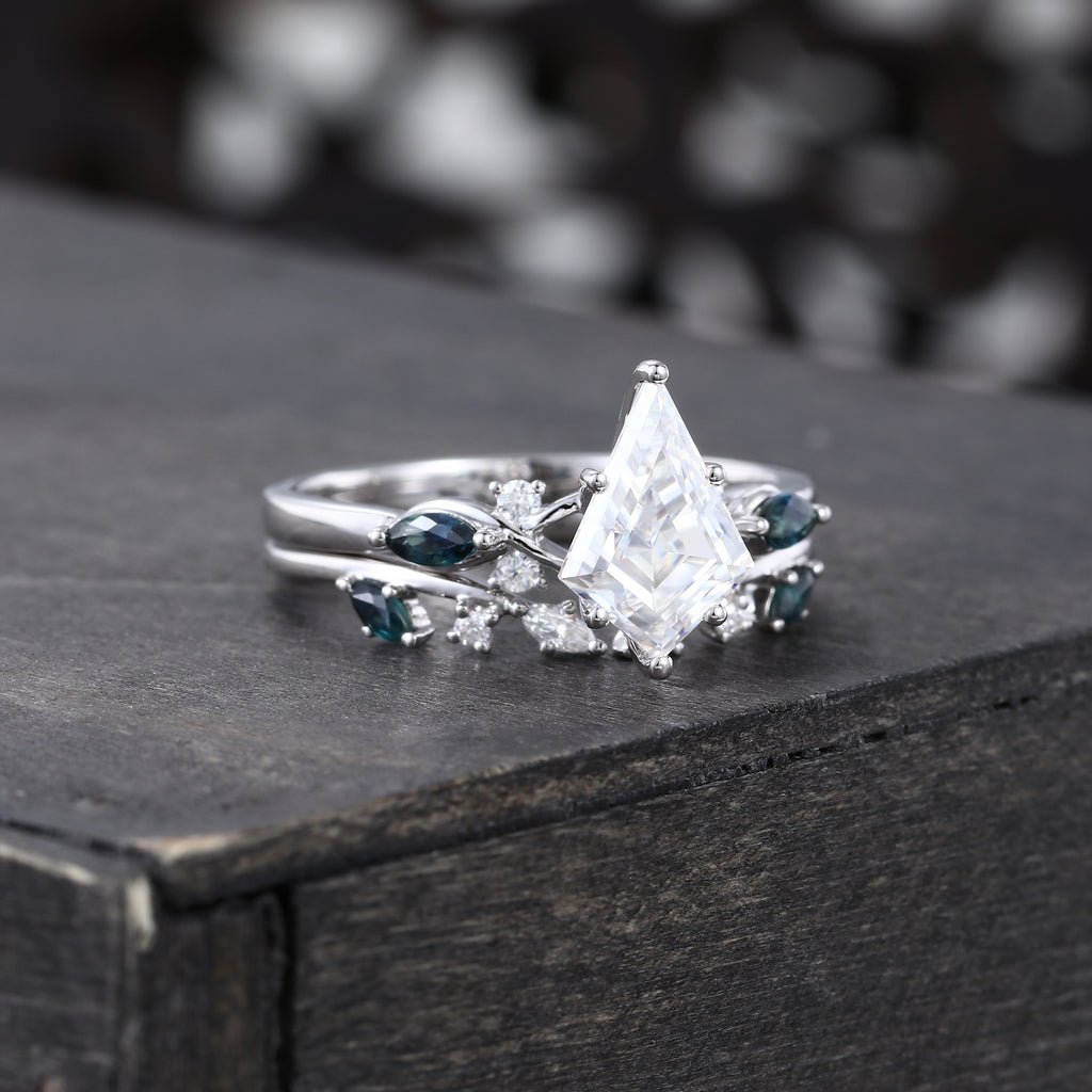 Kite Cut Moissanite Bridal Ring Set Teal Sapphire Accented Engagement Ring Set