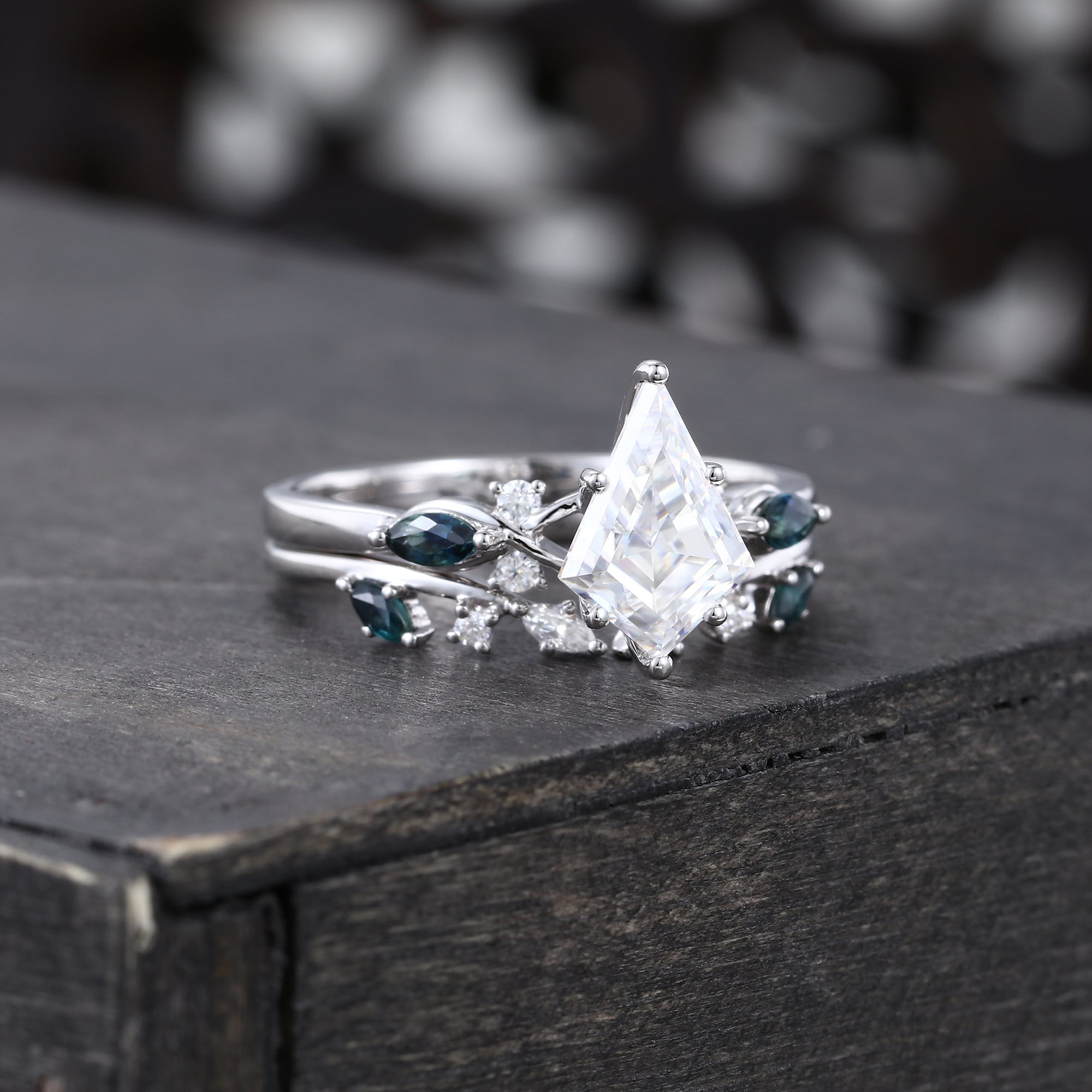 Kite Cut Moissanite Bridal Ring Set Teal Sapphire Accented Engagement Ring Set