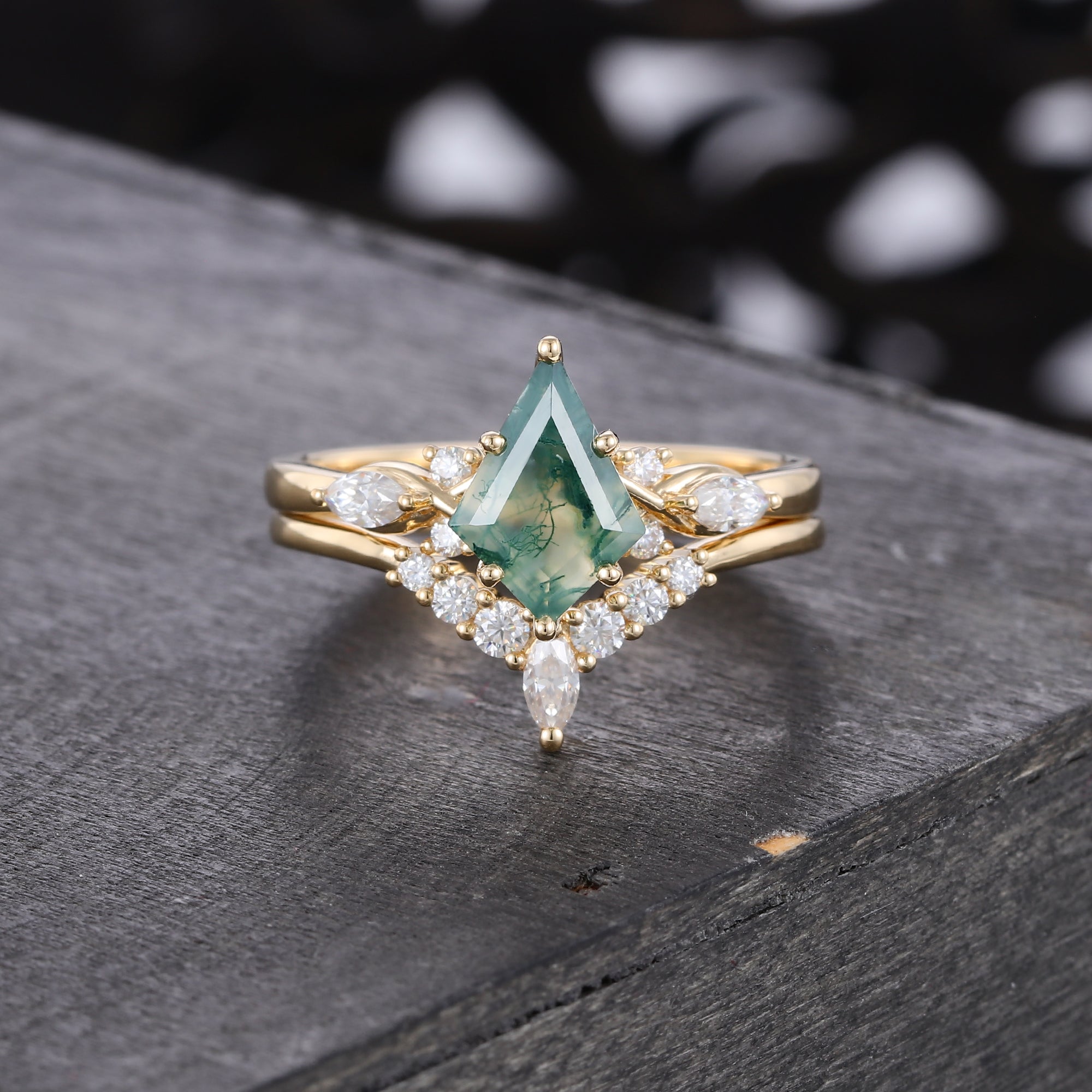 Kite Cut Moss Agate Bridal Ring Set Mossanite Accented Wedding Set