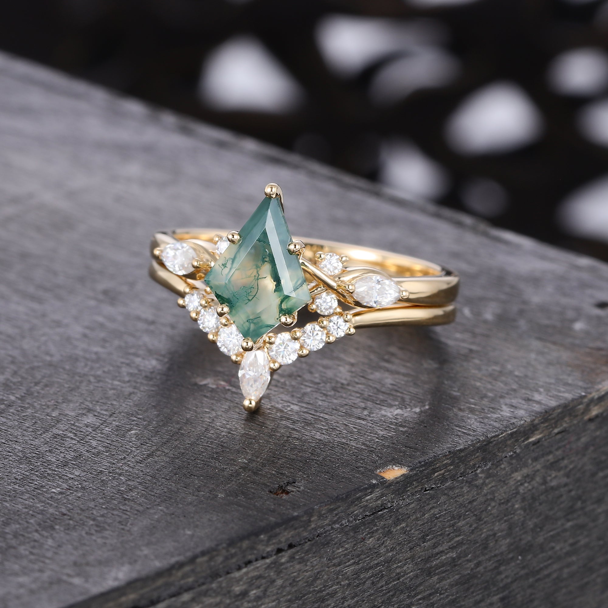 Kite Cut Moss Agate Bridal Ring Set Mossanite Accented Wedding Set