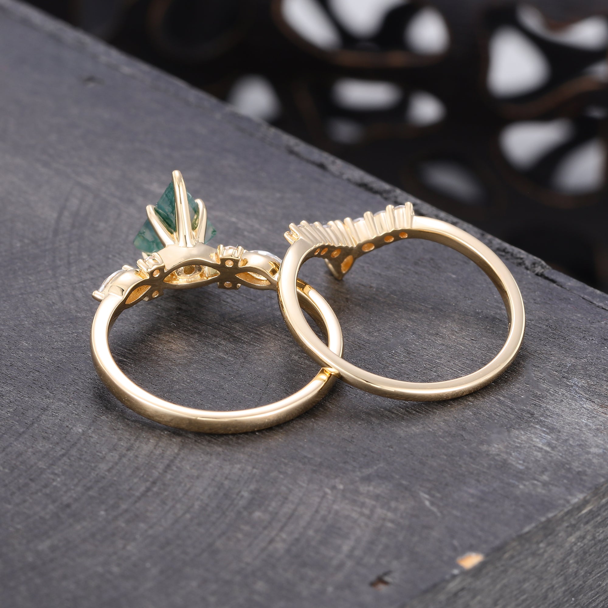 Kite Cut Moss Agate Bridal Ring Set Mossanite Accented Wedding Set