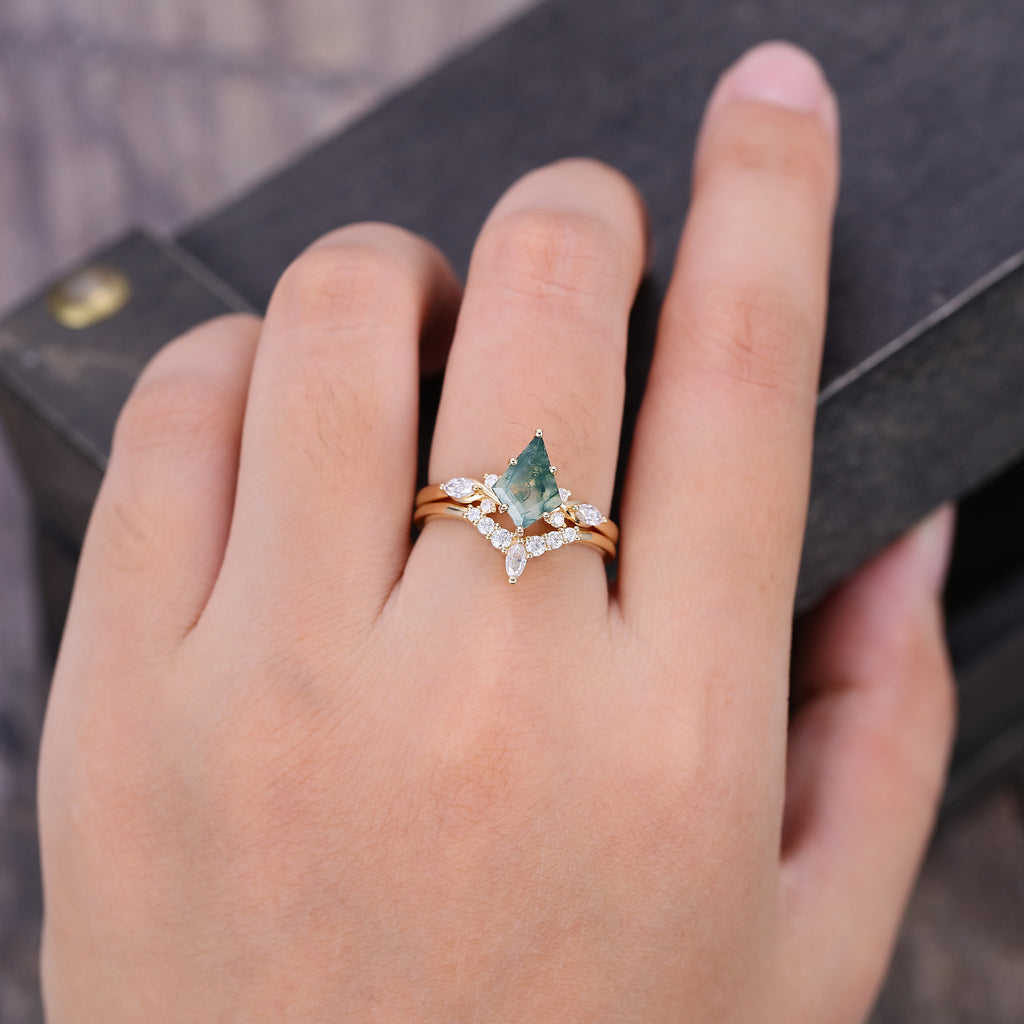 Kite Cut Moss Agate Bridal Ring Set Mossanite Accented Wedding Set