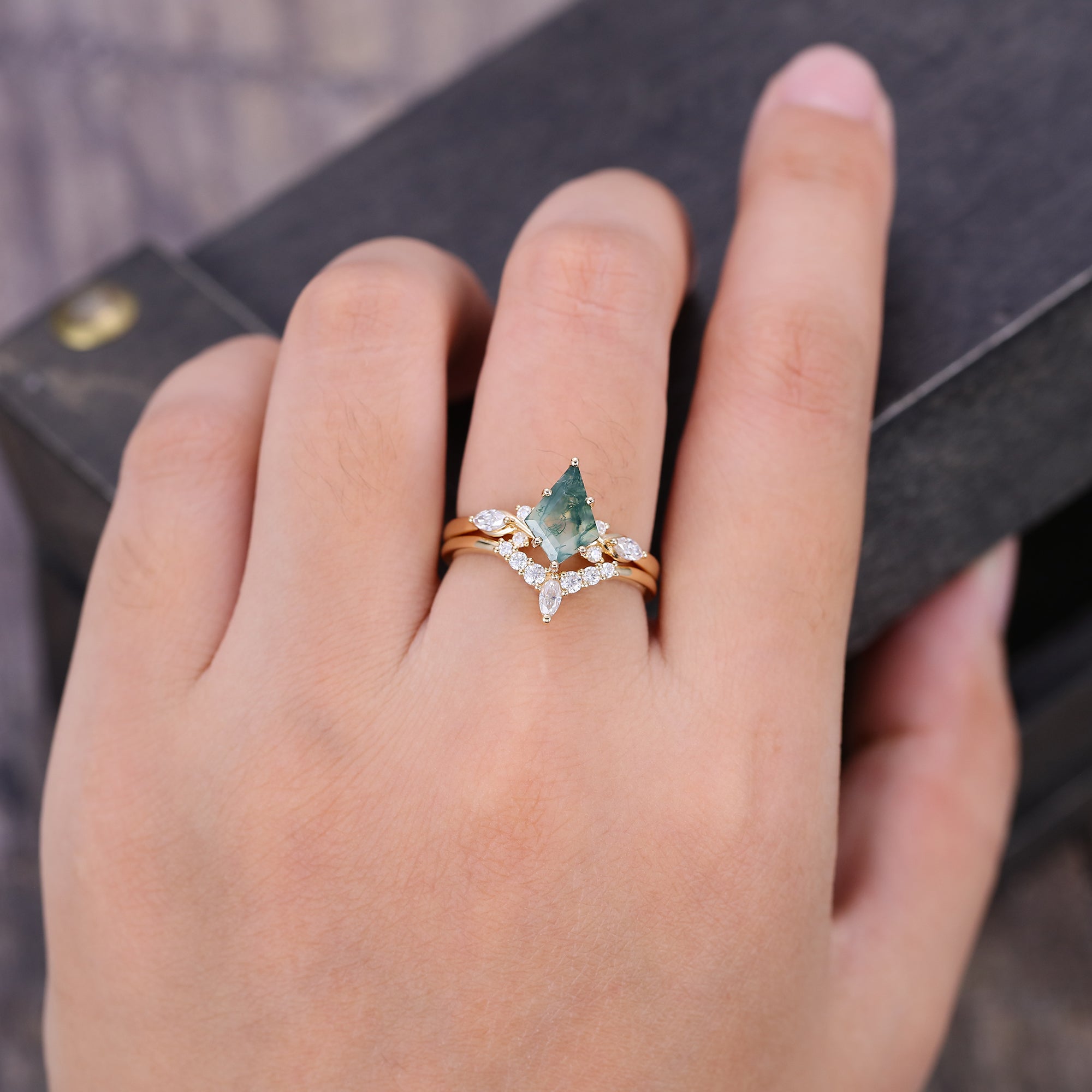 Kite Cut Moss Agate Bridal Ring Set Mossanite Accented Wedding Set
