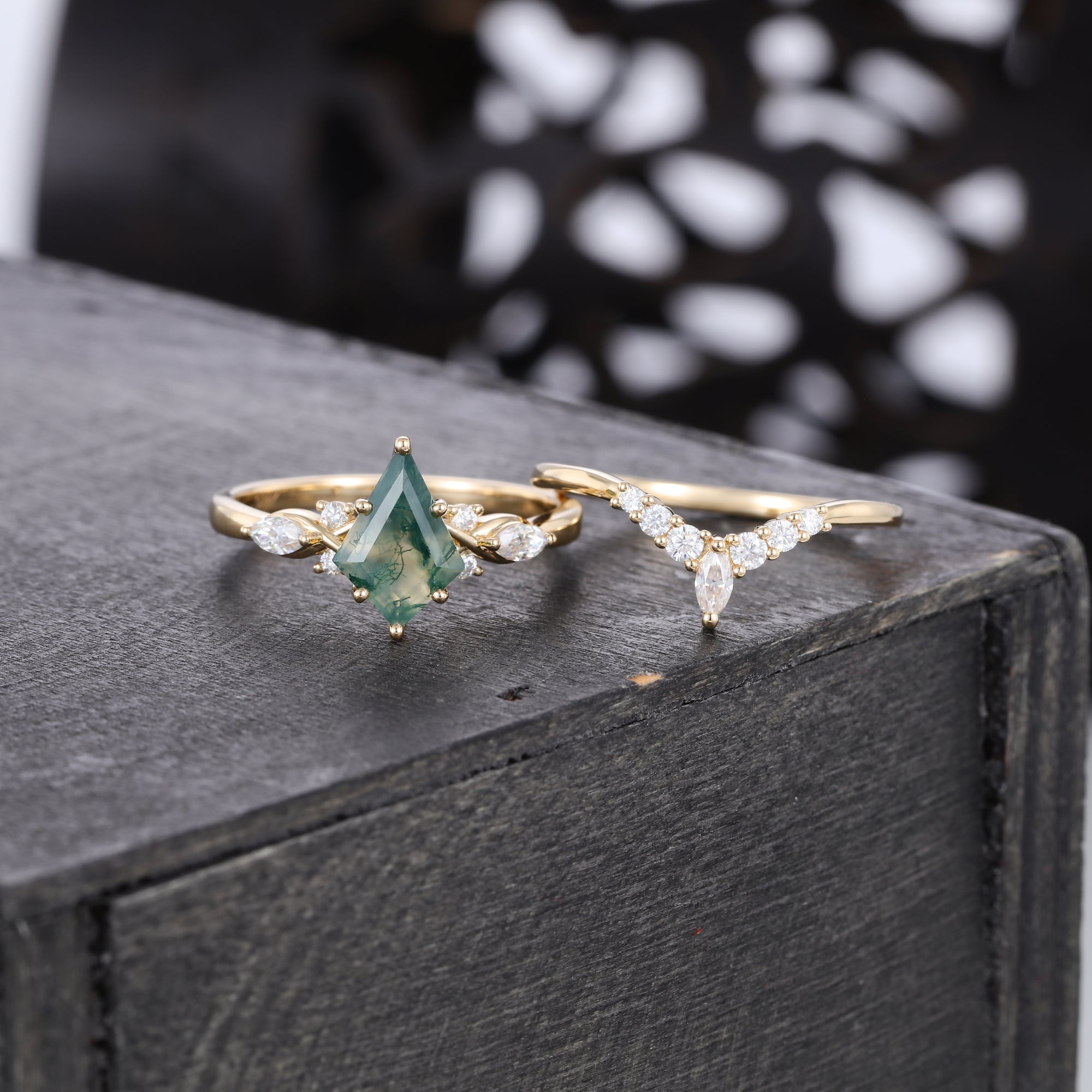Kite Cut Moss Agate Bridal Ring Set Mossanite Accented Wedding Set