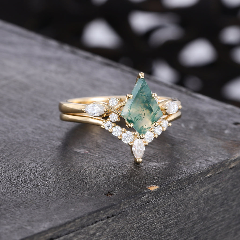 Kite Cut Moss Agate Bridal Ring Set Mossanite Accented Wedding Set