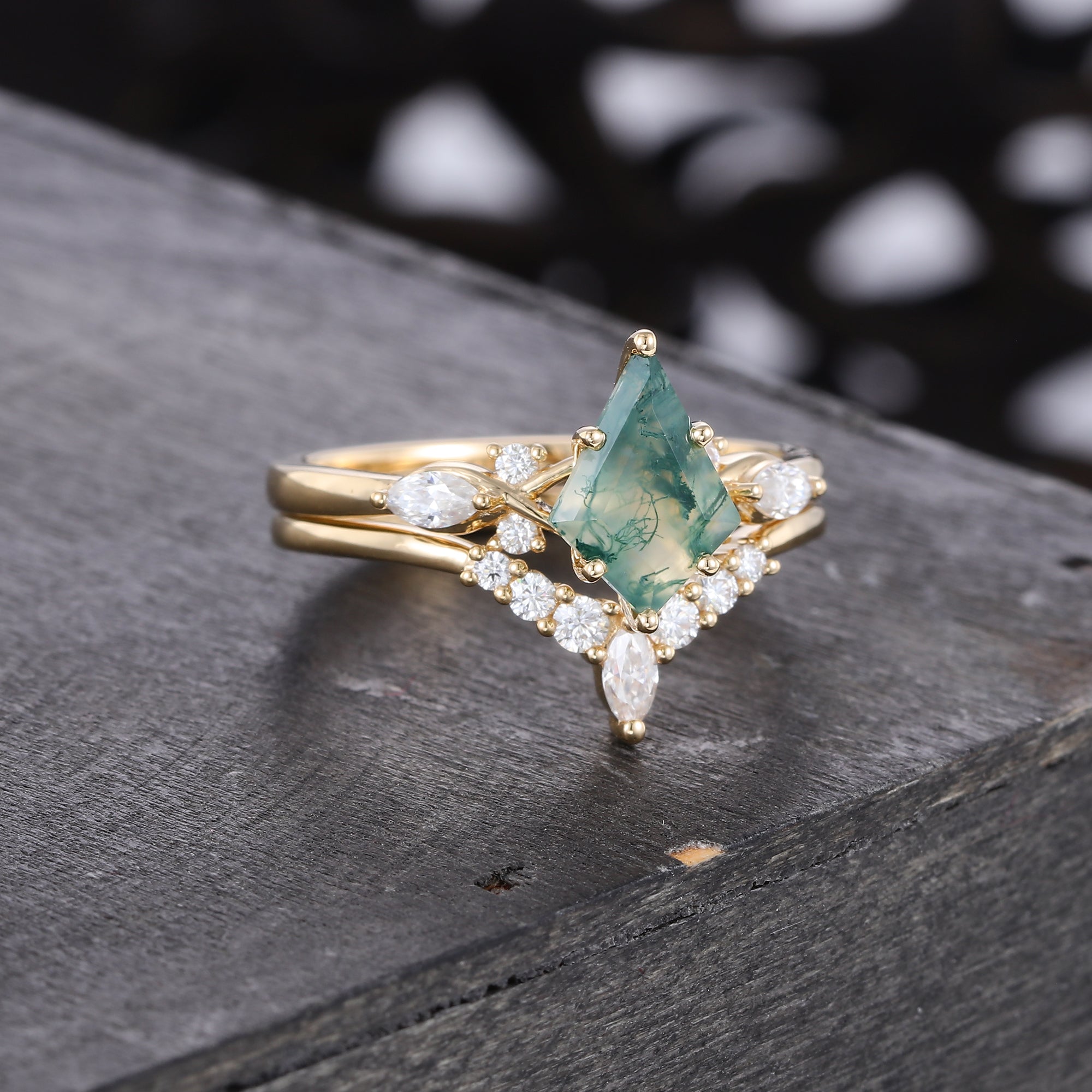 Kite Cut Moss Agate Bridal Ring Set Mossanite Accented Wedding Set