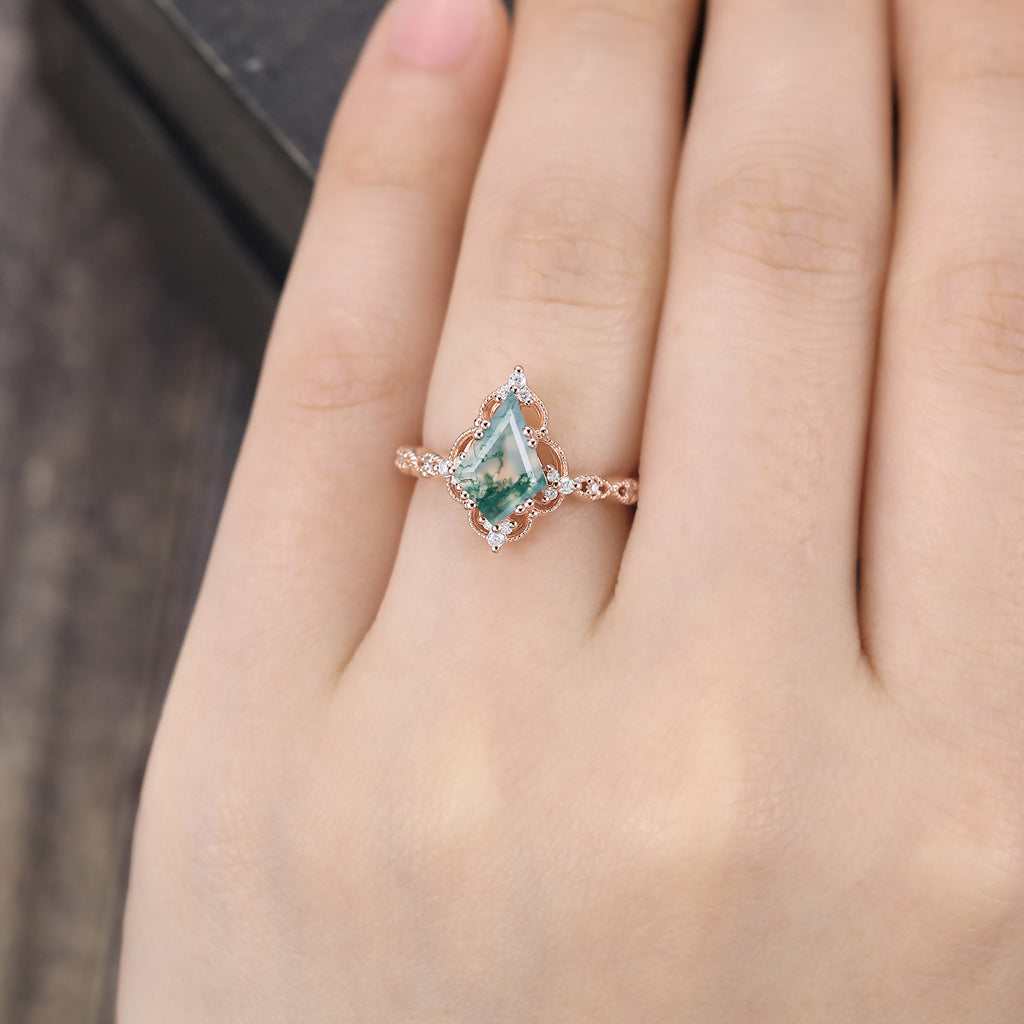 Kite Cut Moss Agate Engagement Ring Milgrain Lace Halo Promise Ring