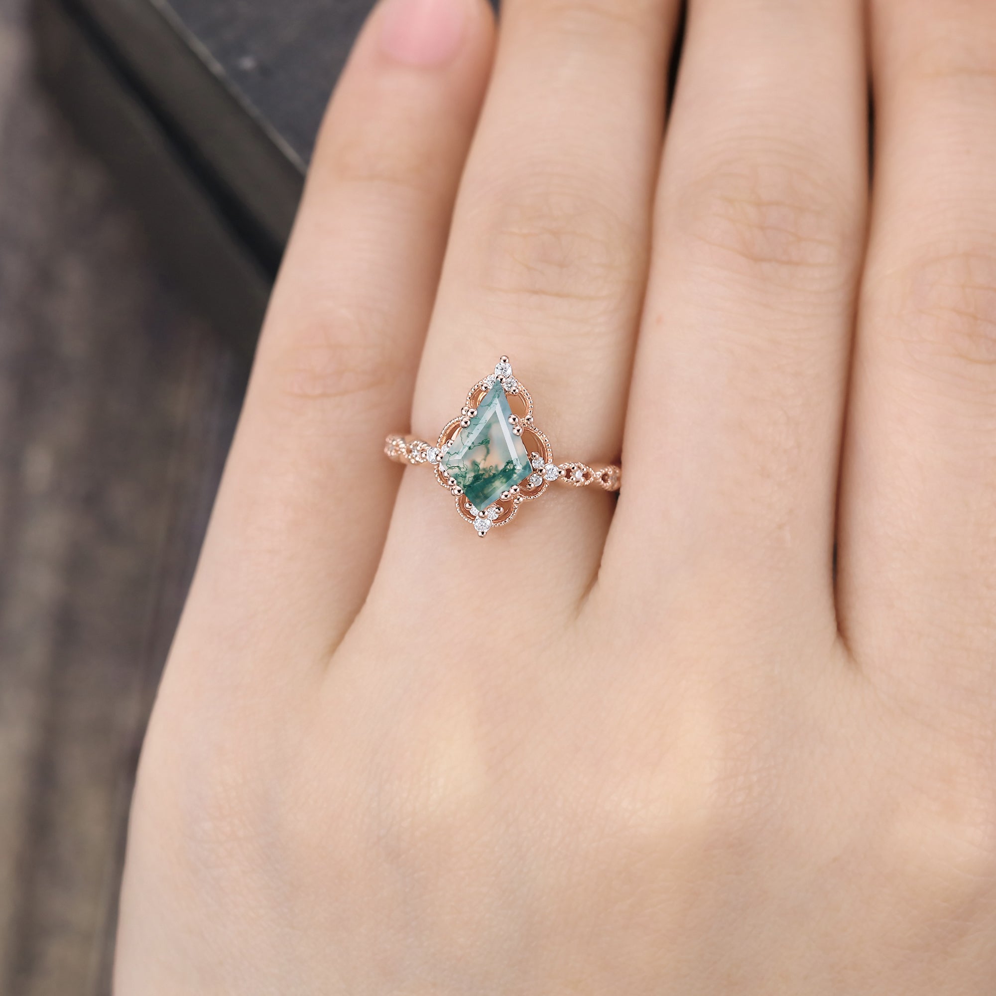 Kite Cut Moss Agate Engagement Ring Milgrain Lace Halo Promise Ring