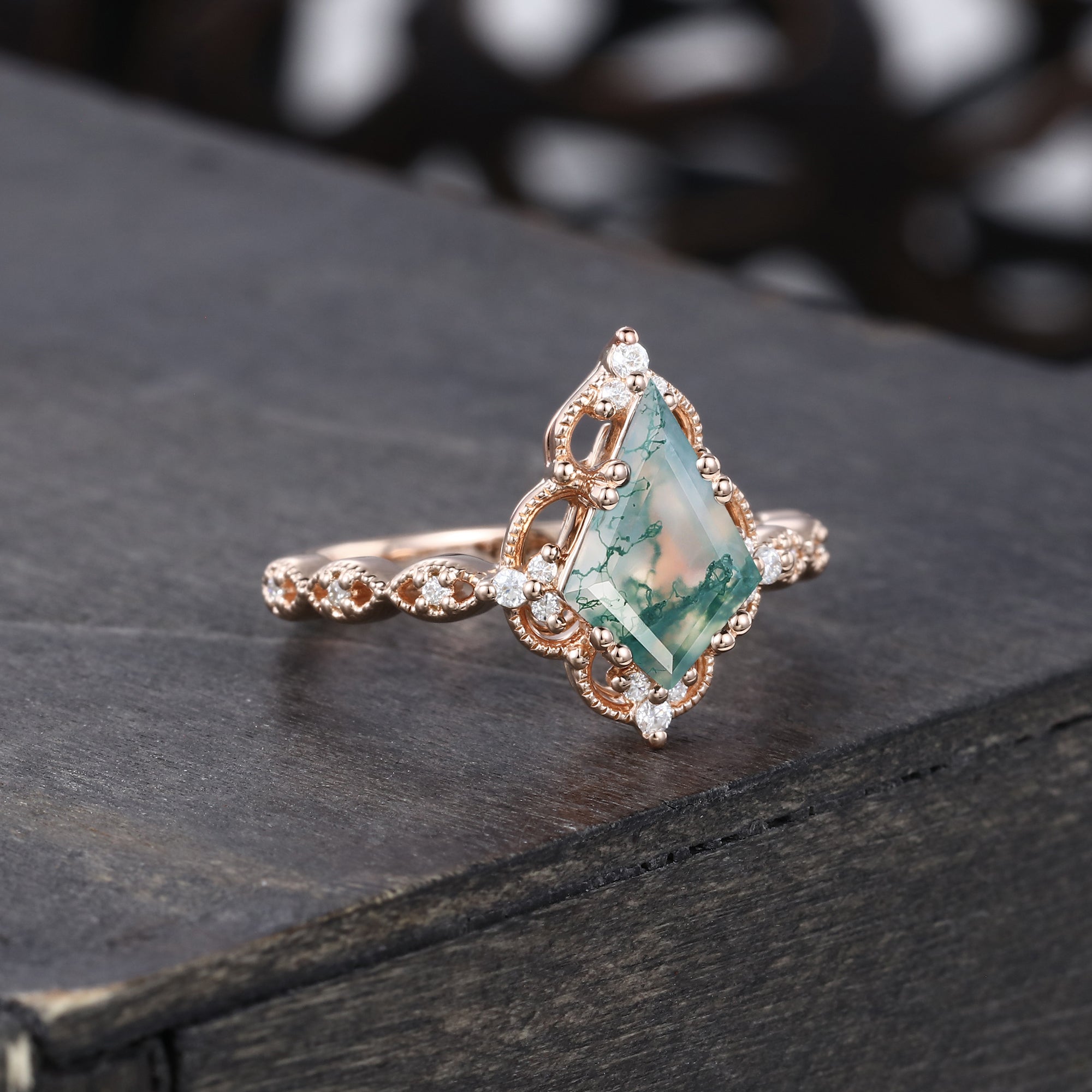 Kite Cut Moss Agate Engagement Ring Milgrain Lace Halo Promise Ring