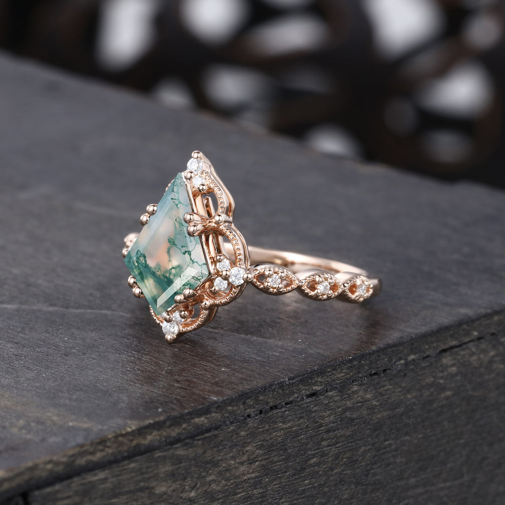 Kite Cut Moss Agate Engagement Ring Milgrain Lace Halo Promise Ring
