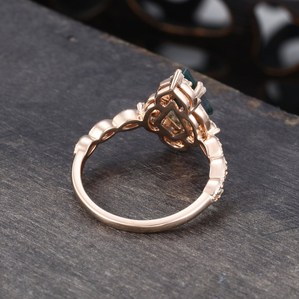 Kite Cut Moss Agate Engagement Ring Milgrain Lace Halo Promise Ring