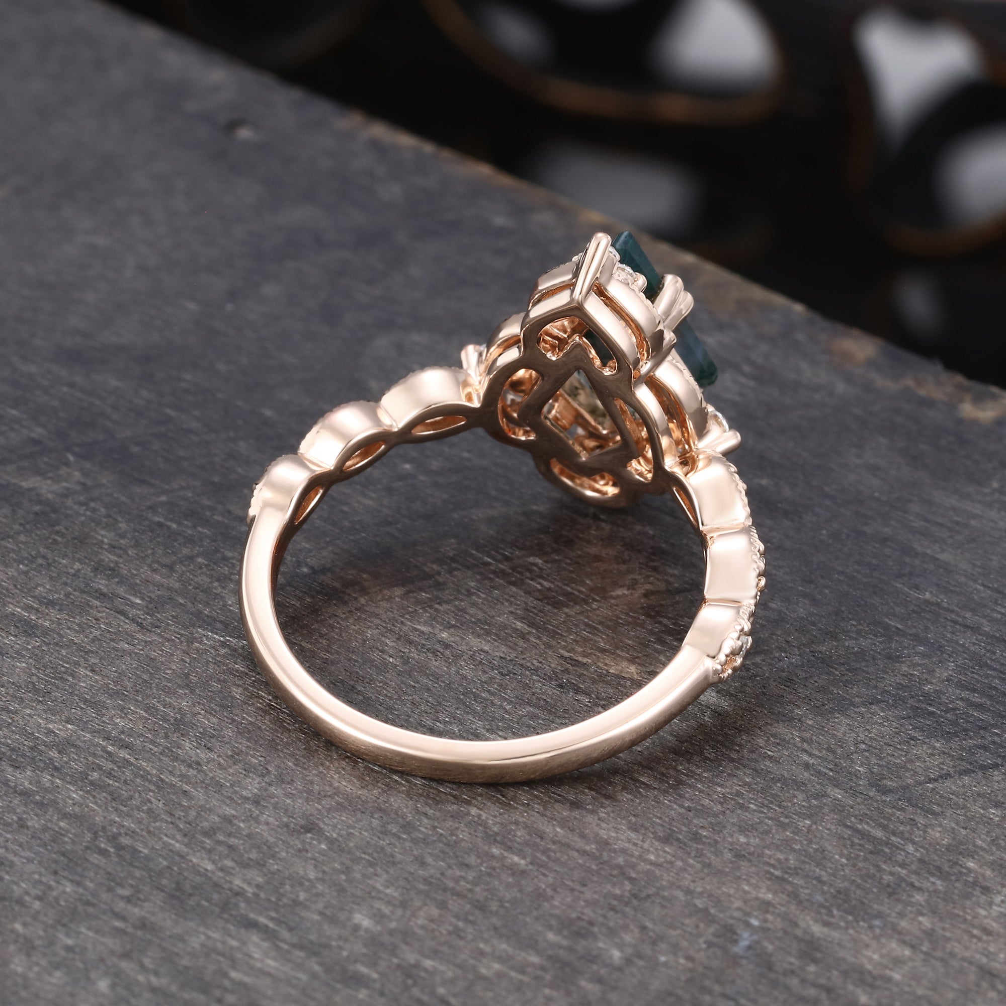 Kite Cut Moss Agate Engagement Ring Milgrain Lace Halo Promise Ring