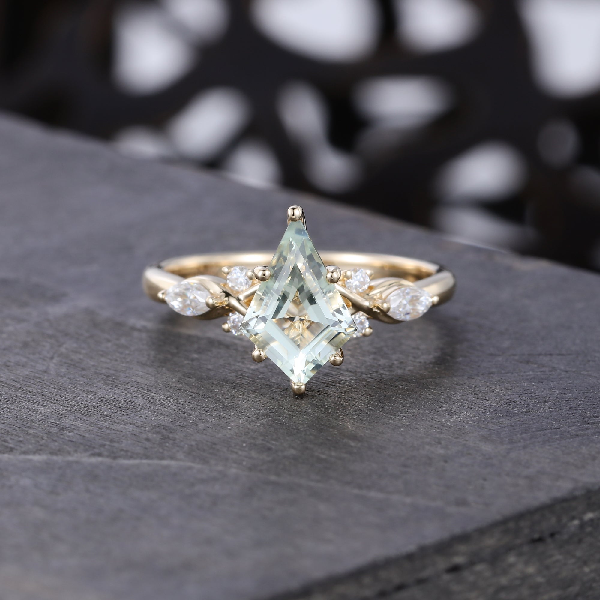 Kite Cut Green Amethyst Art Deco Engagement Ring