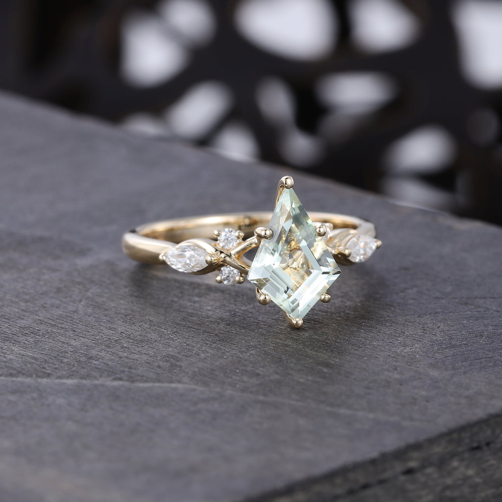 Kite Cut Green Amethyst Art Deco Engagement Ring