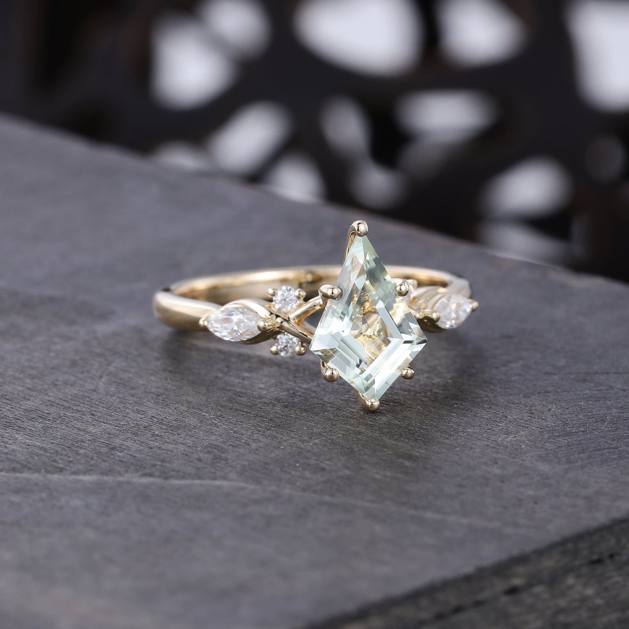Kite Cut Green Amethyst Art Deco Engagement Ring