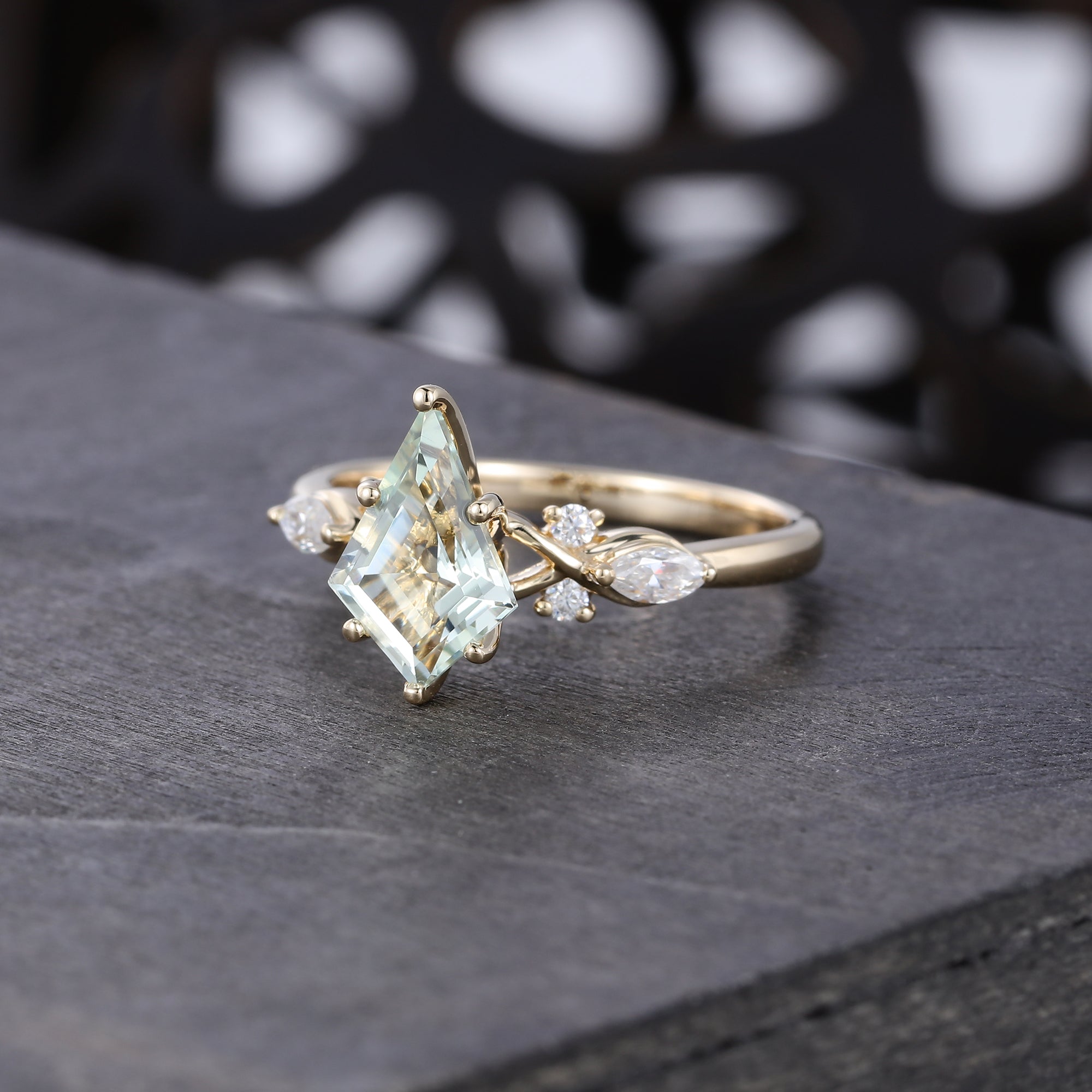 Kite Cut Green Amethyst Art Deco Engagement Ring