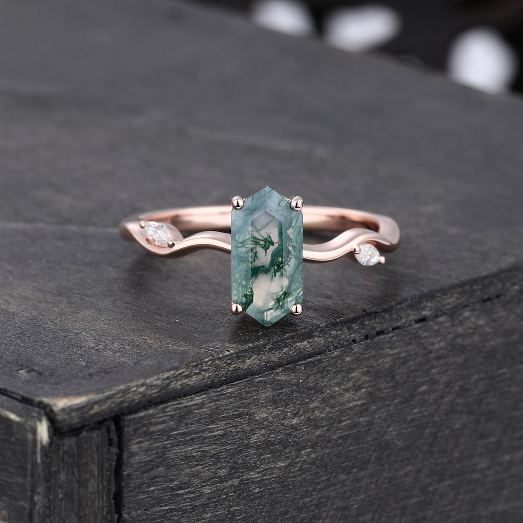 Leafwave Long Hexagon Cut Moss Agate Nature Inspired Promise Ring