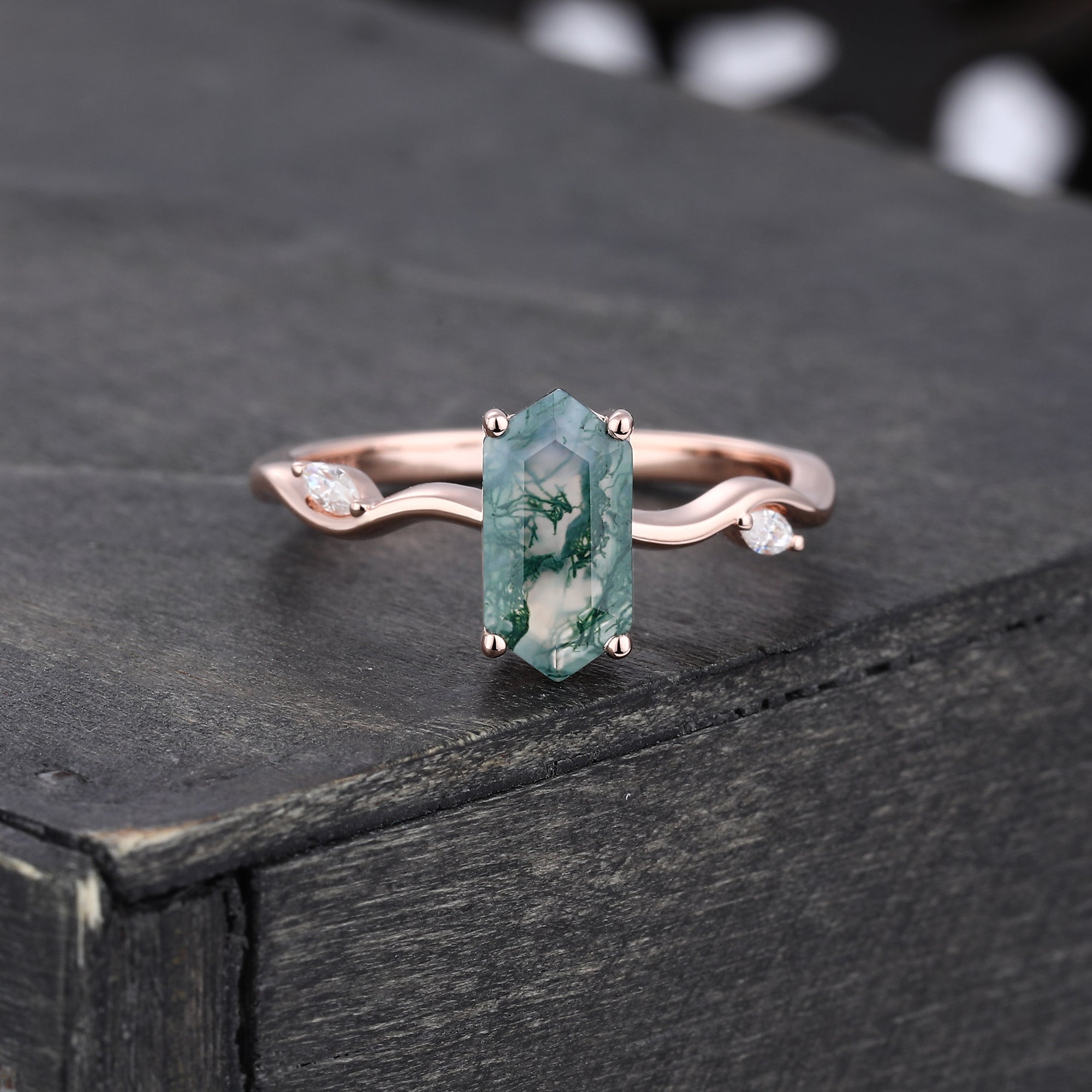 Leafwave Long Hexagon Cut Moss Agate Nature Inspired Promise Ring