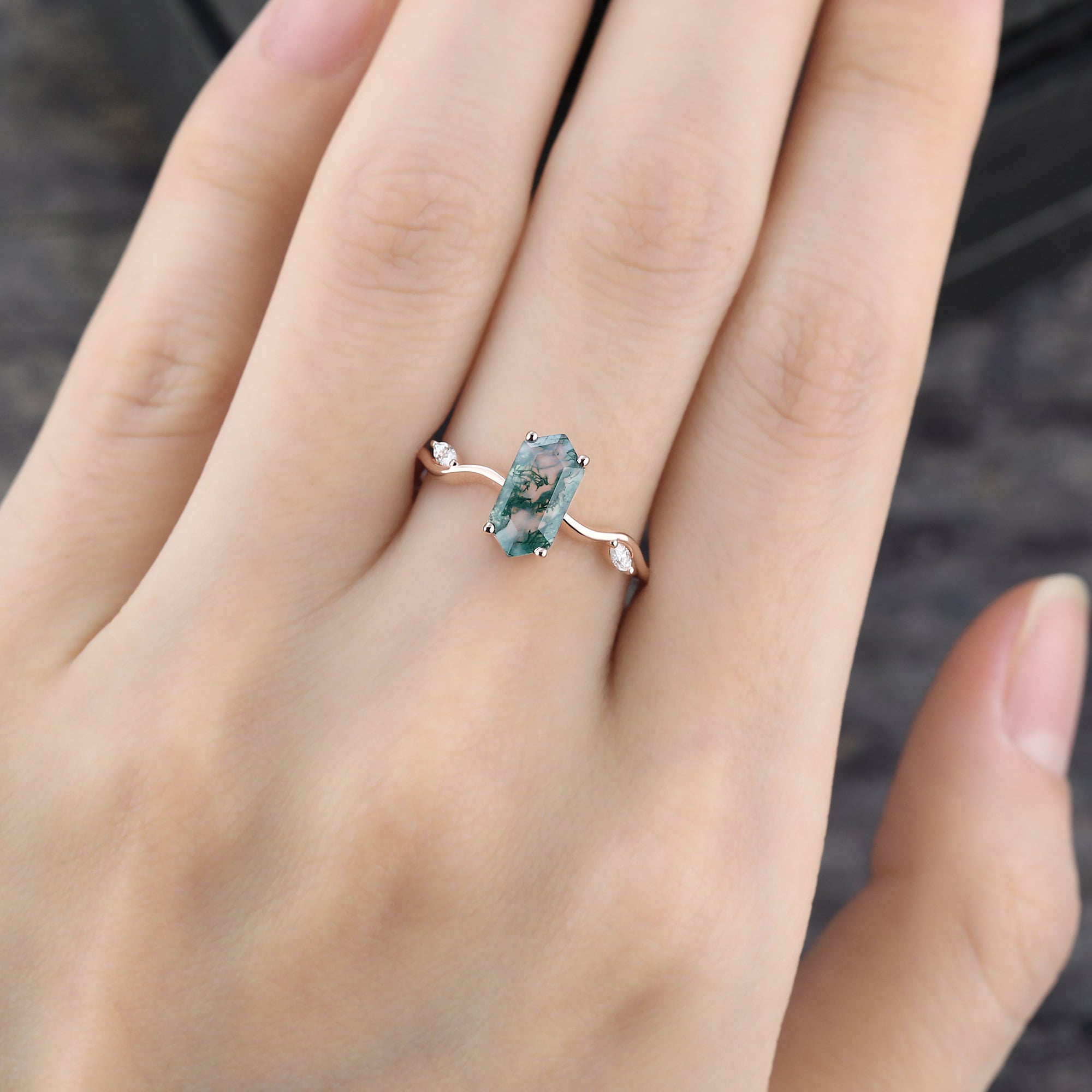 Leafwave Long Hexagon Cut Moss Agate Nature Inspired Promise Ring