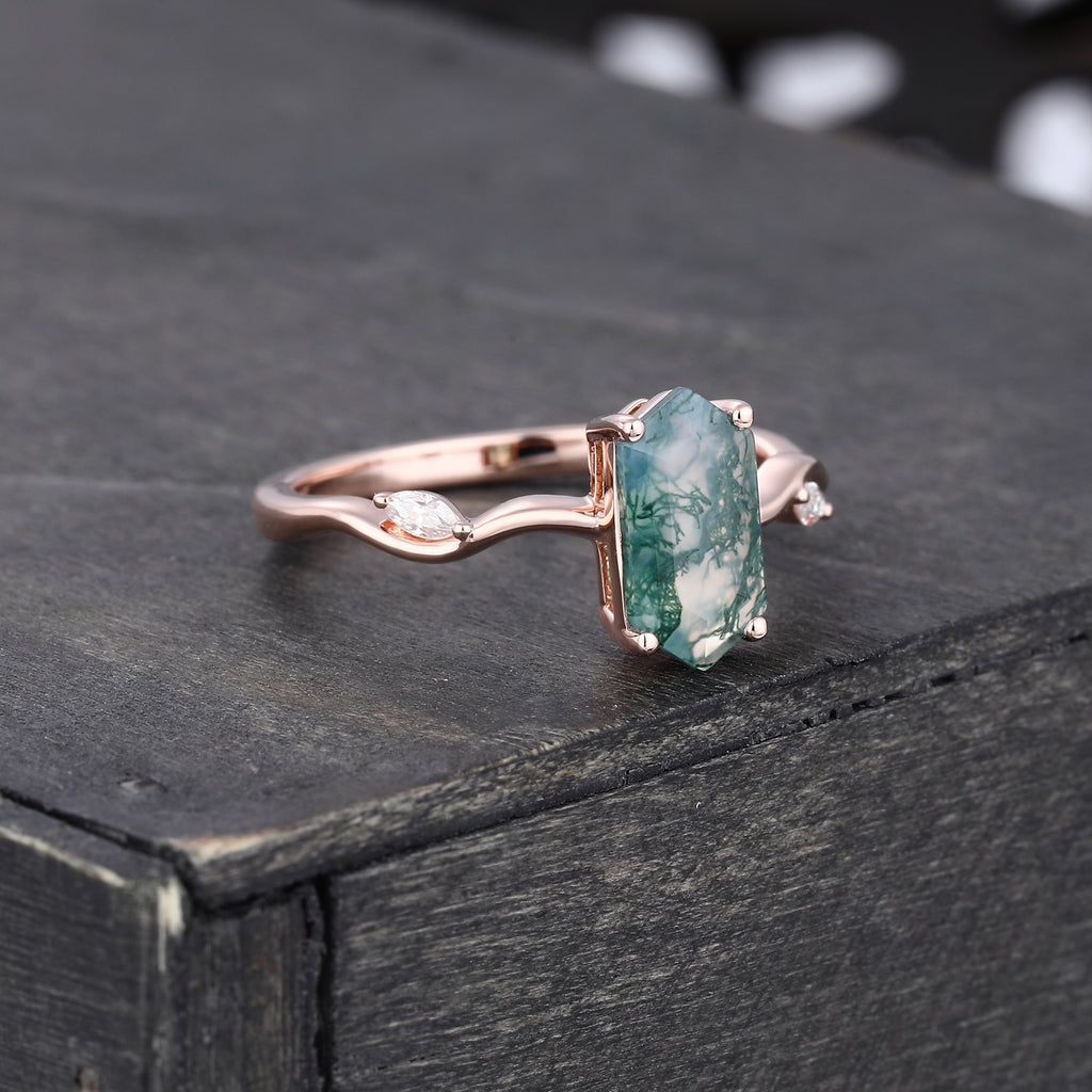 Leafwave Long Hexagon Cut Moss Agate Nature Inspired Promise Ring