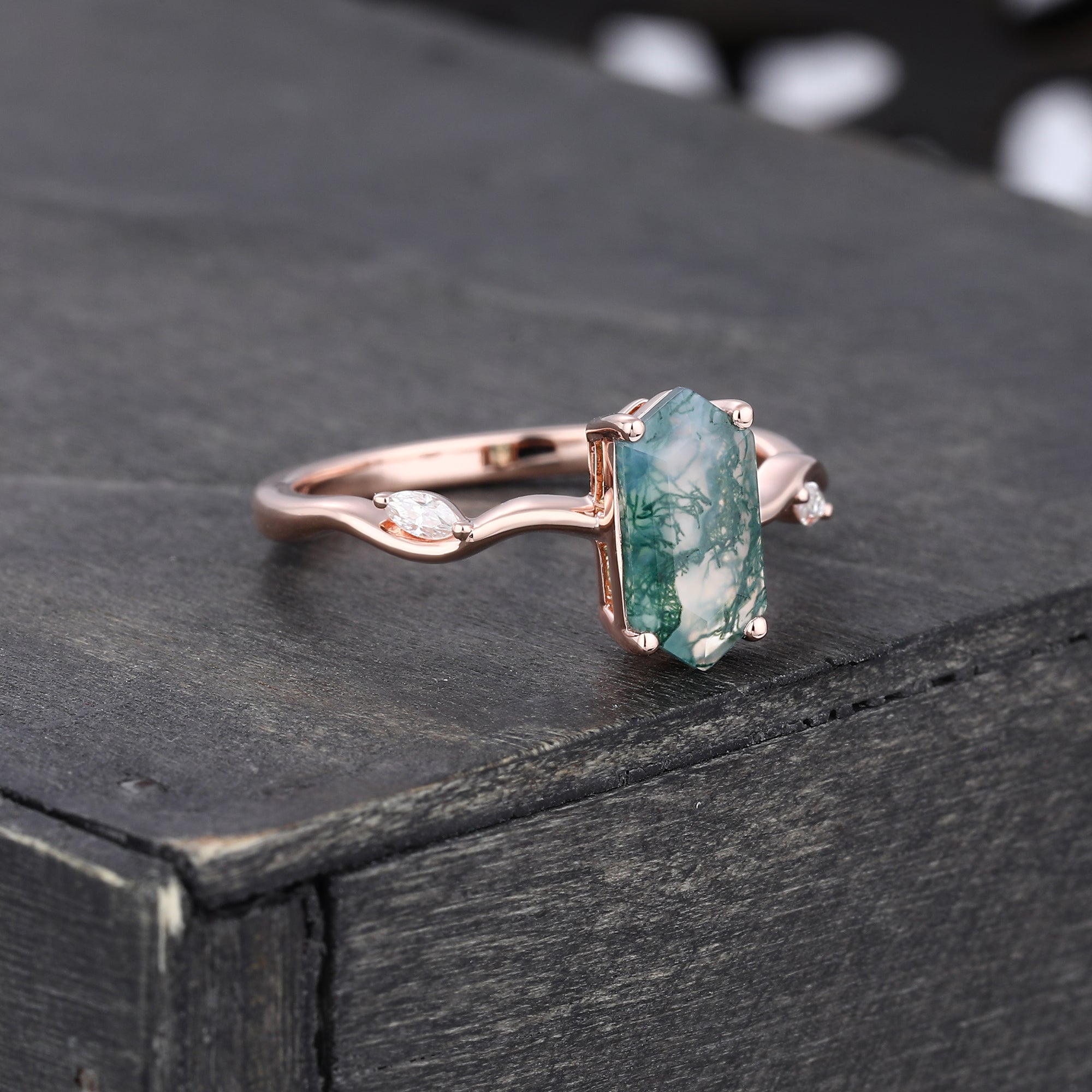 Leafwave Long Hexagon Cut Moss Agate Nature Inspired Promise Ring