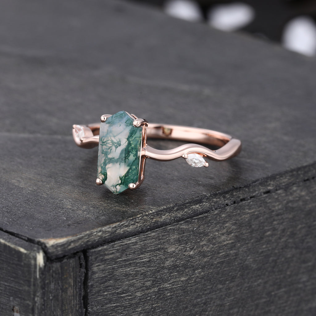 Leafwave Long Hexagon Cut Moss Agate Nature Inspired Promise Ring