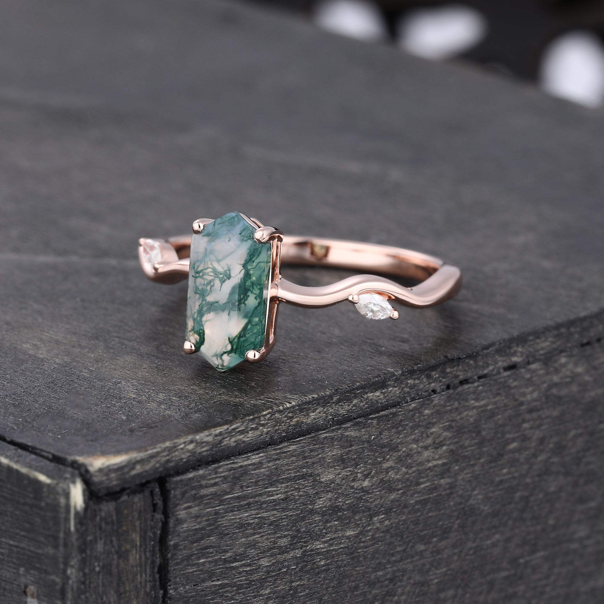 Leafwave Long Hexagon Cut Moss Agate Nature Inspired Promise Ring